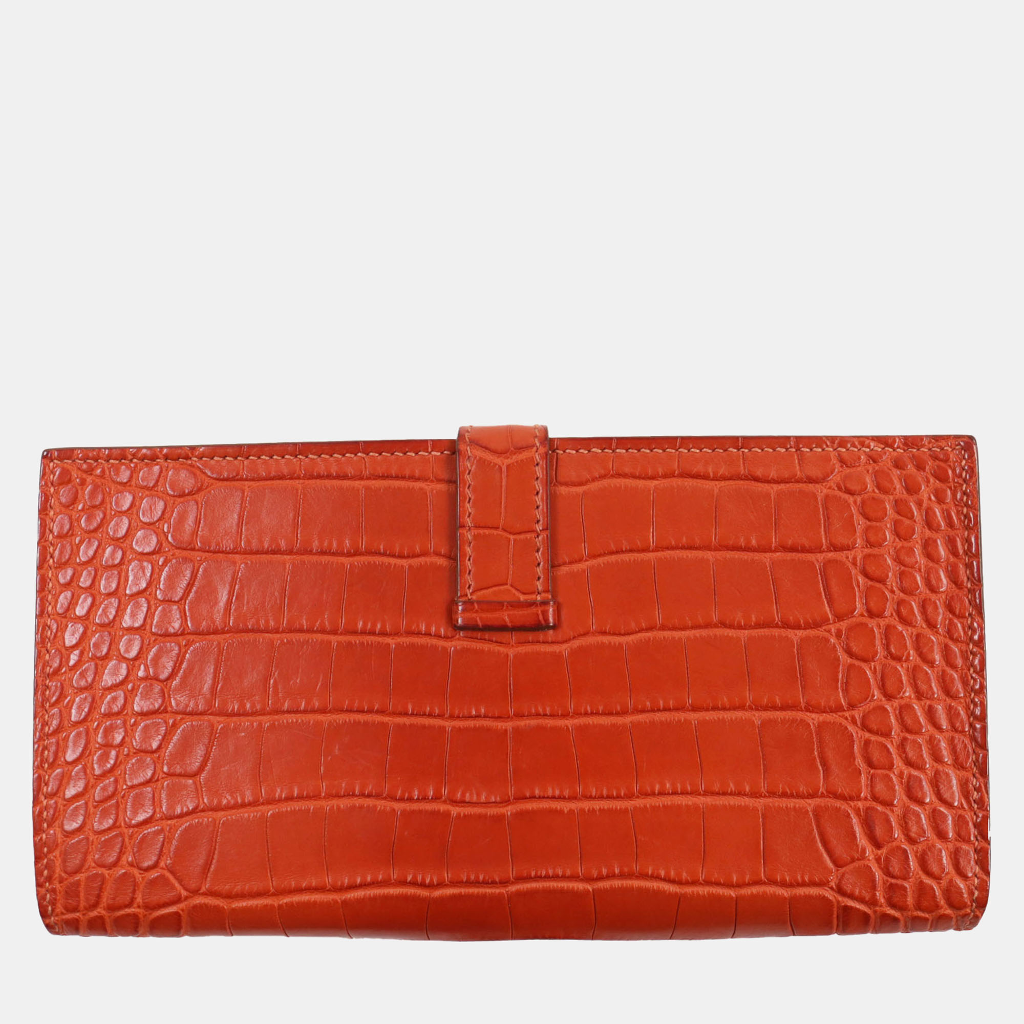 Hermes Alligator Bifold Wallet Orange Orange Leather