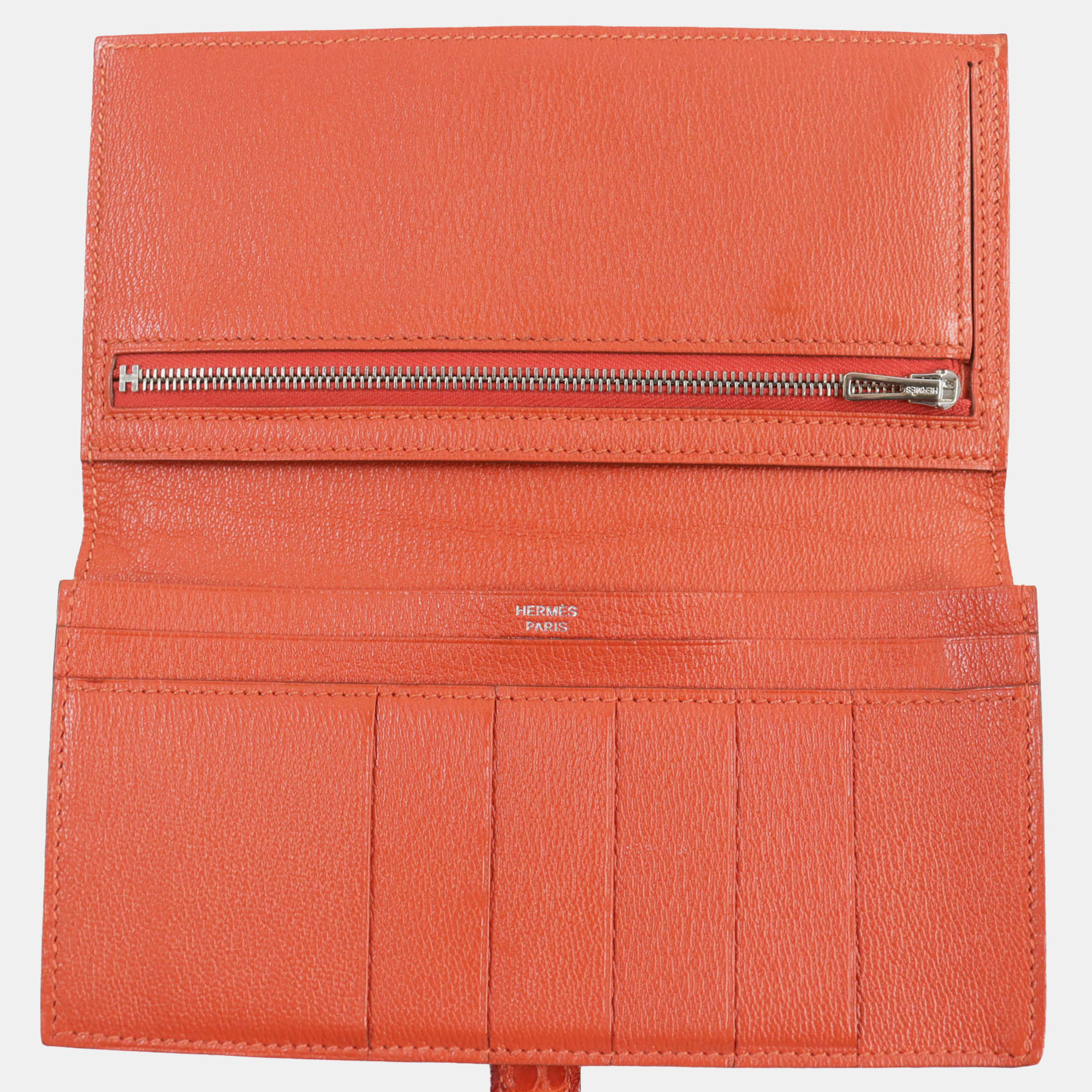 Hermes Alligator Bifold Wallet Orange Orange Leather