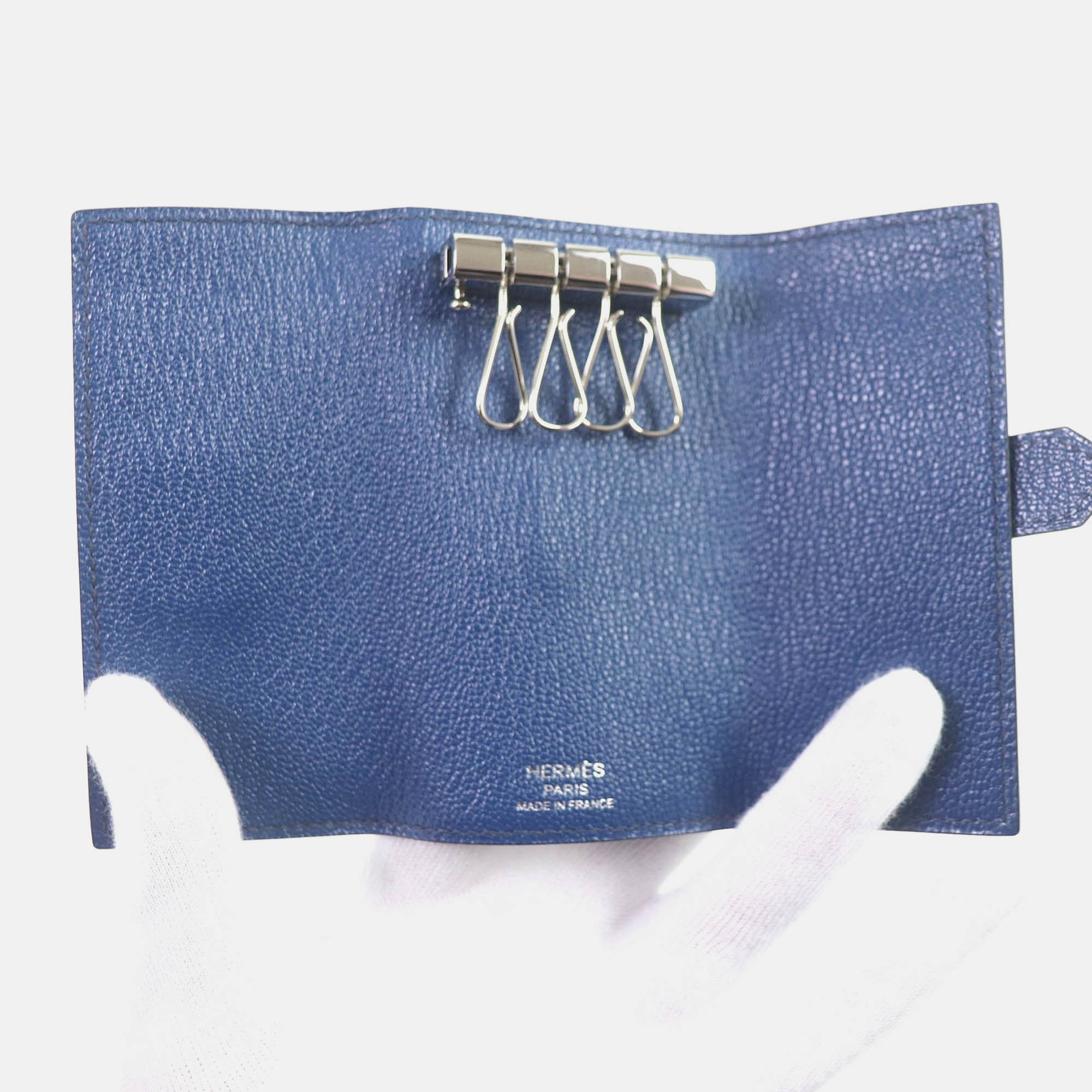 Hermes Blue Leather Chevre Leather 4 Row Key Holder