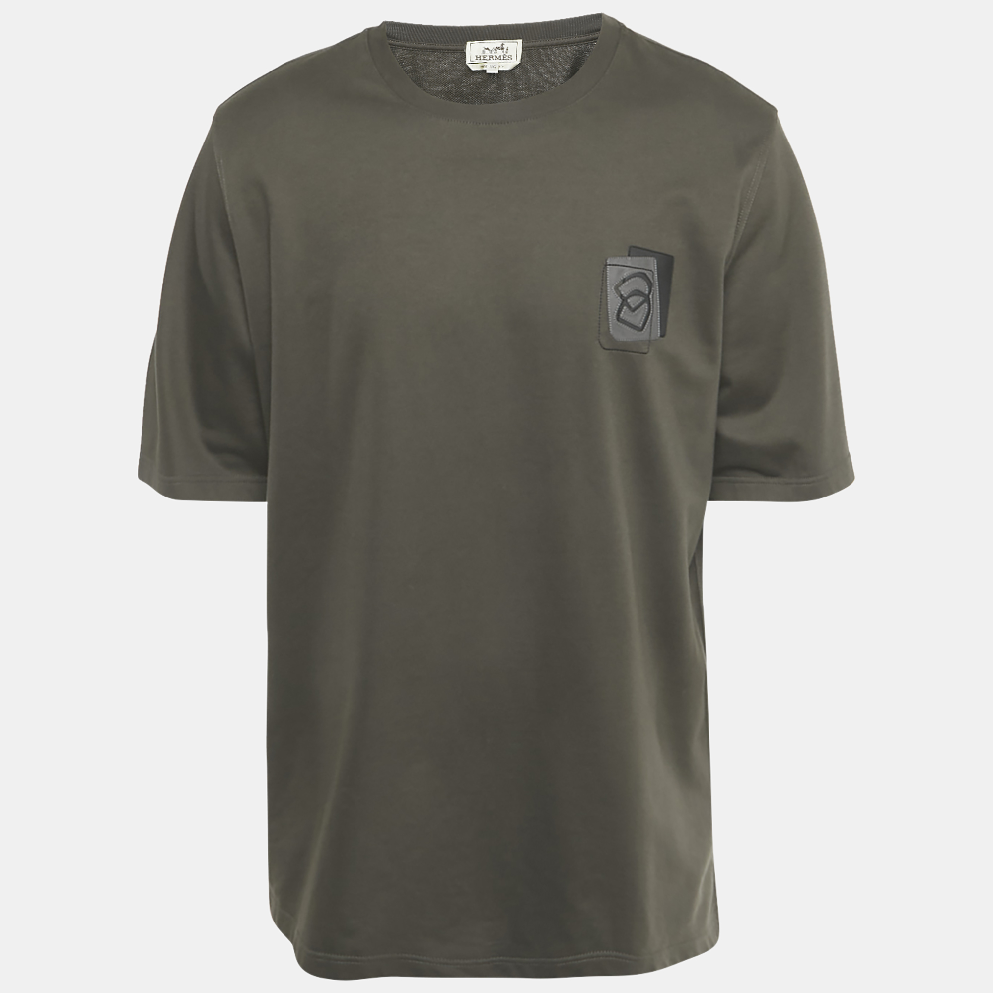 Herm&egrave;s Olive Green Leather Trim Cotton T-Shirt XXL