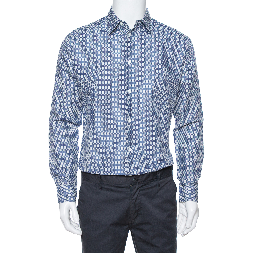 Image of Hermes Blue Printed Linen & Cotton Long Sleeve Shirt M