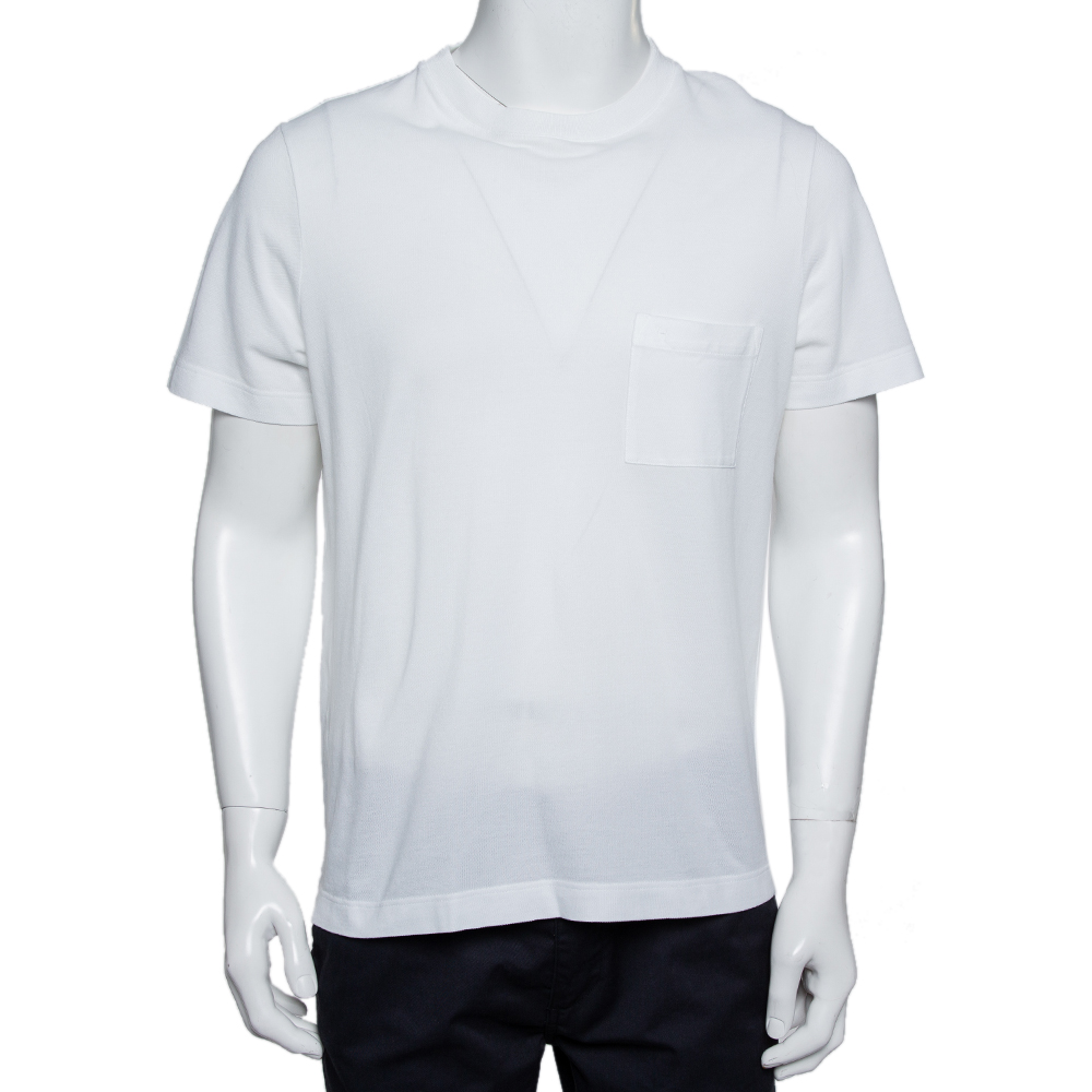 Hermes White Cotton Pique Logo Embroidered Pocket Detail Crewneck T-Shirt L