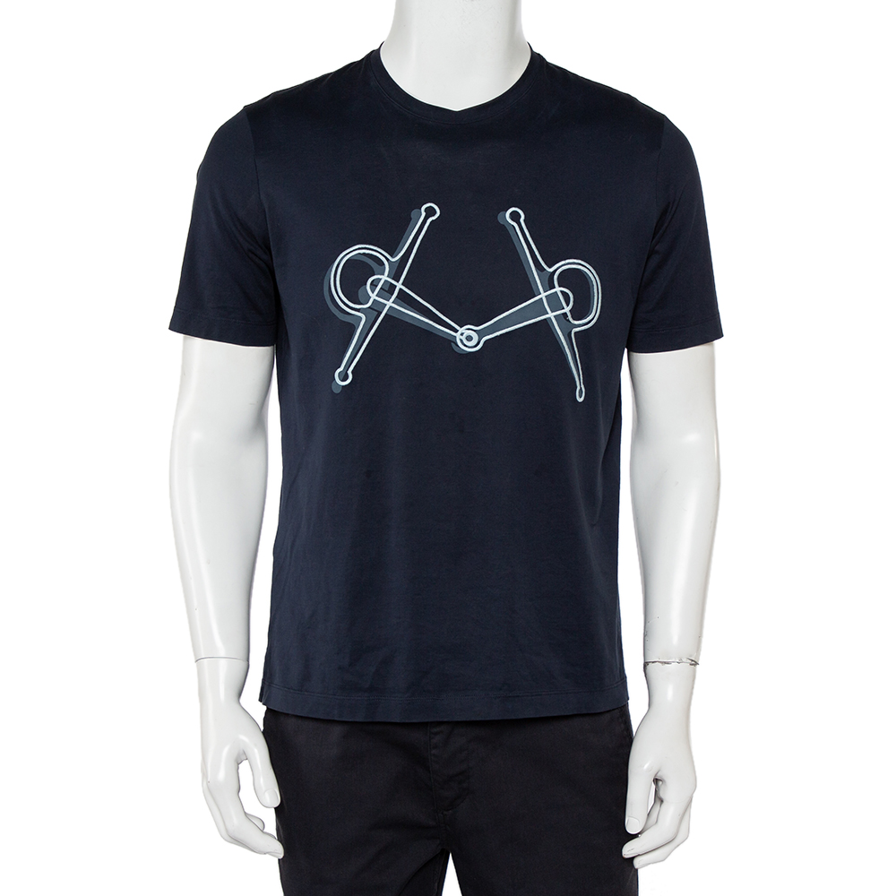 Hermes Navy Blue Mors Embroidered Cotton Crewneck Blanc T-Shirt S