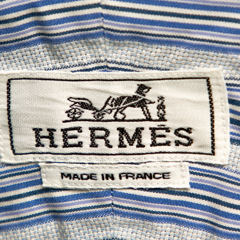 Hermes Blue Striped Cotton Long Sleeve Shirt 3XL