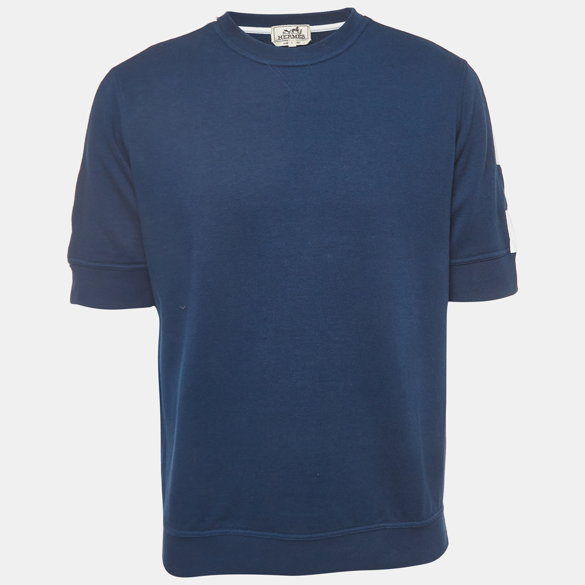 Hermes Navy Blue Cotton Striped Detail Crew Neck T-Shirt L