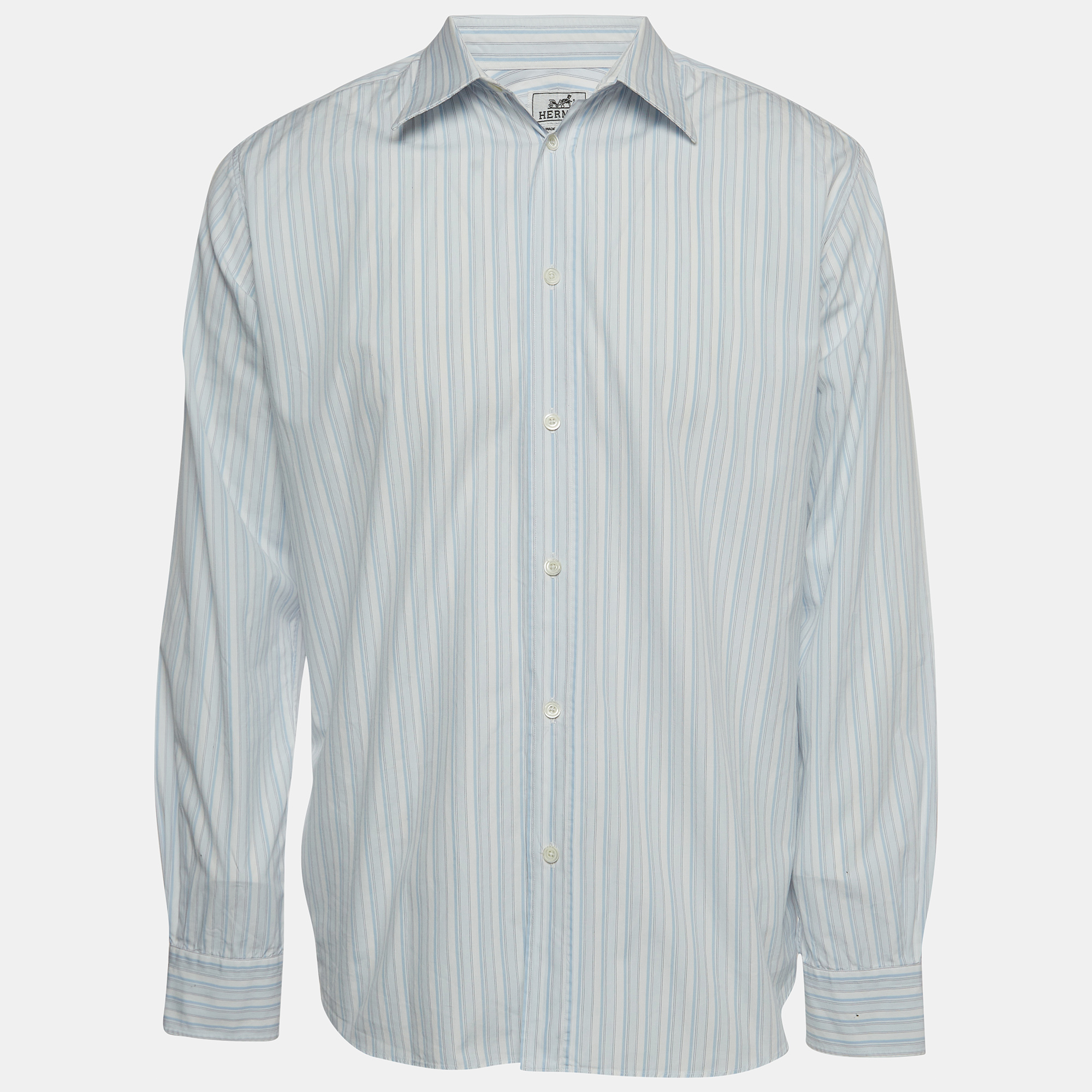 Hermes White/Blue Striped Cotton Long Sleeve Shirt XL