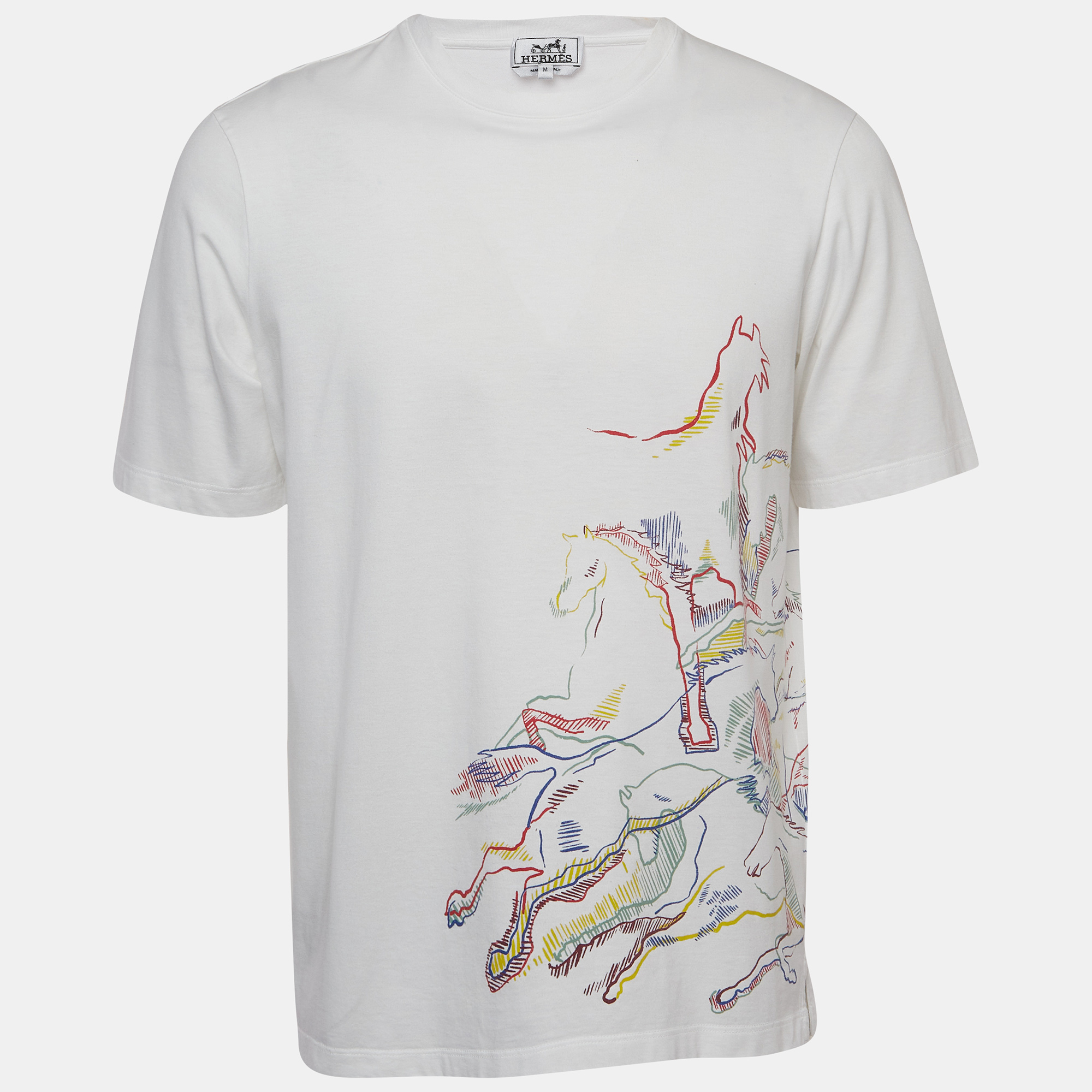 Hermes White Horses Print Cotton Half Sleeve T-Shirt M