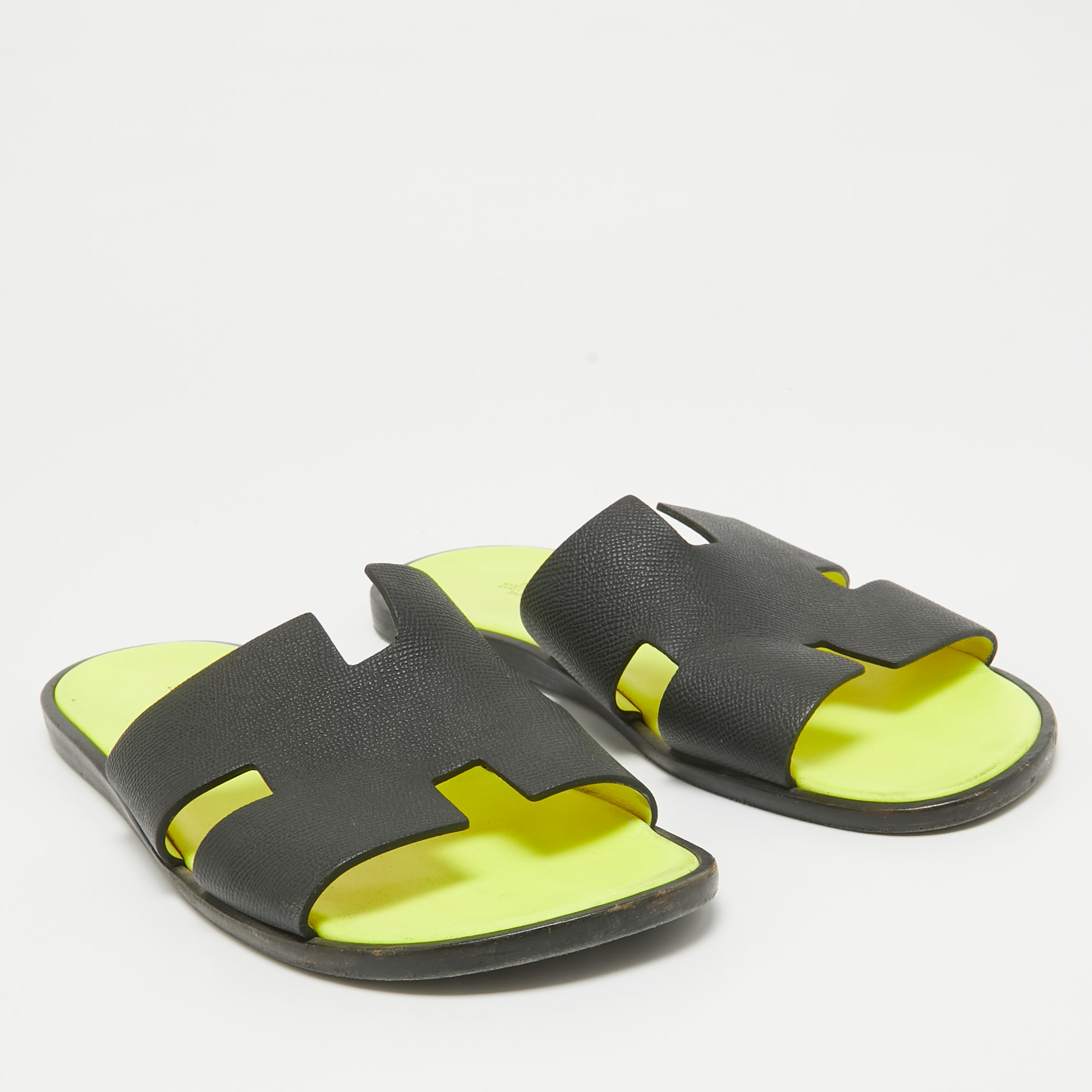 Hermes Black Leather Izmir Slides Size 44.5