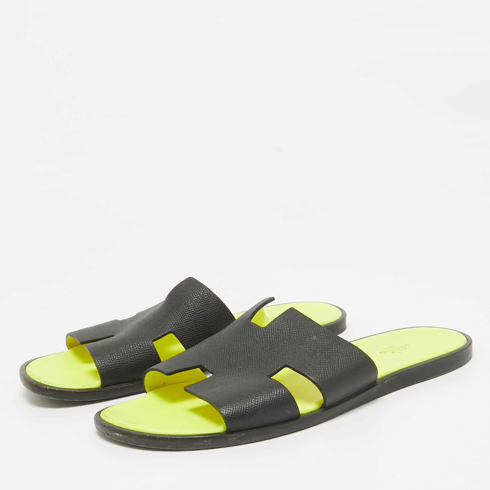 Hermes Black Leather Izmir Slides Size 44.5