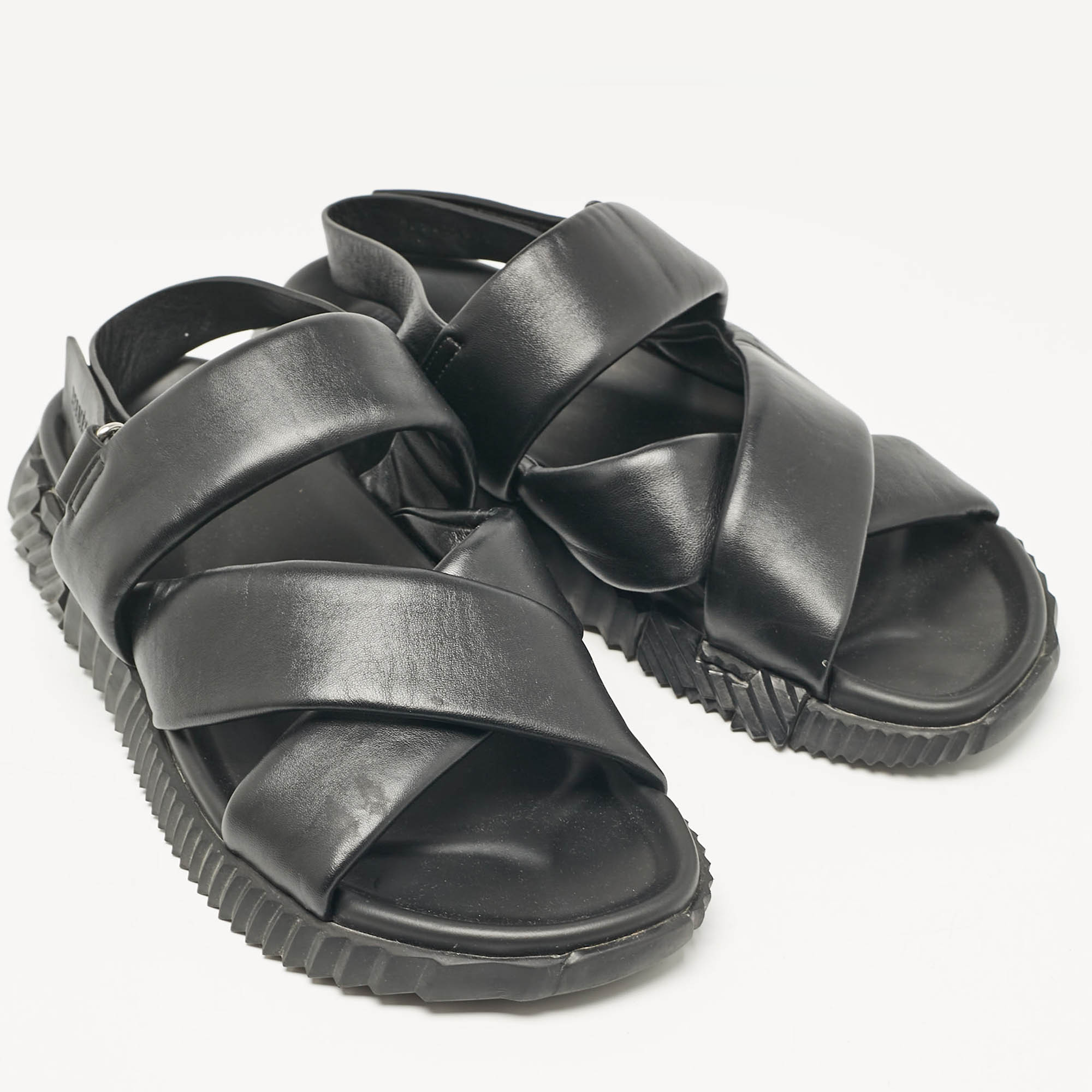 Hermes Black Leather Electric Flat Sandals Size 45