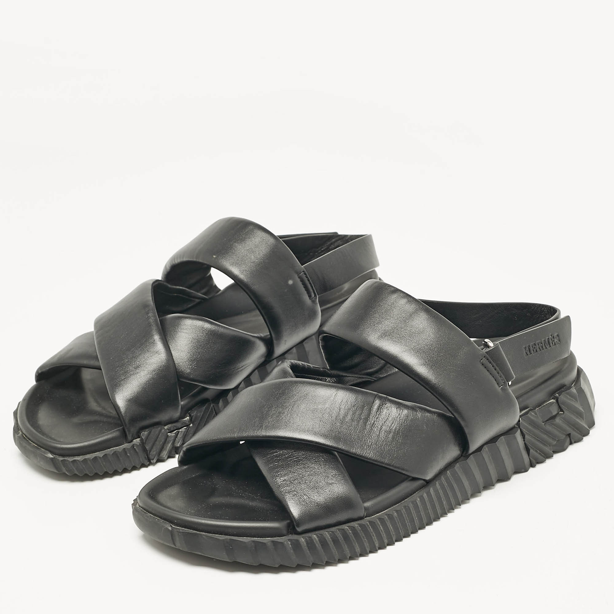 Hermes Black Leather Electric Flat Sandals Size 45