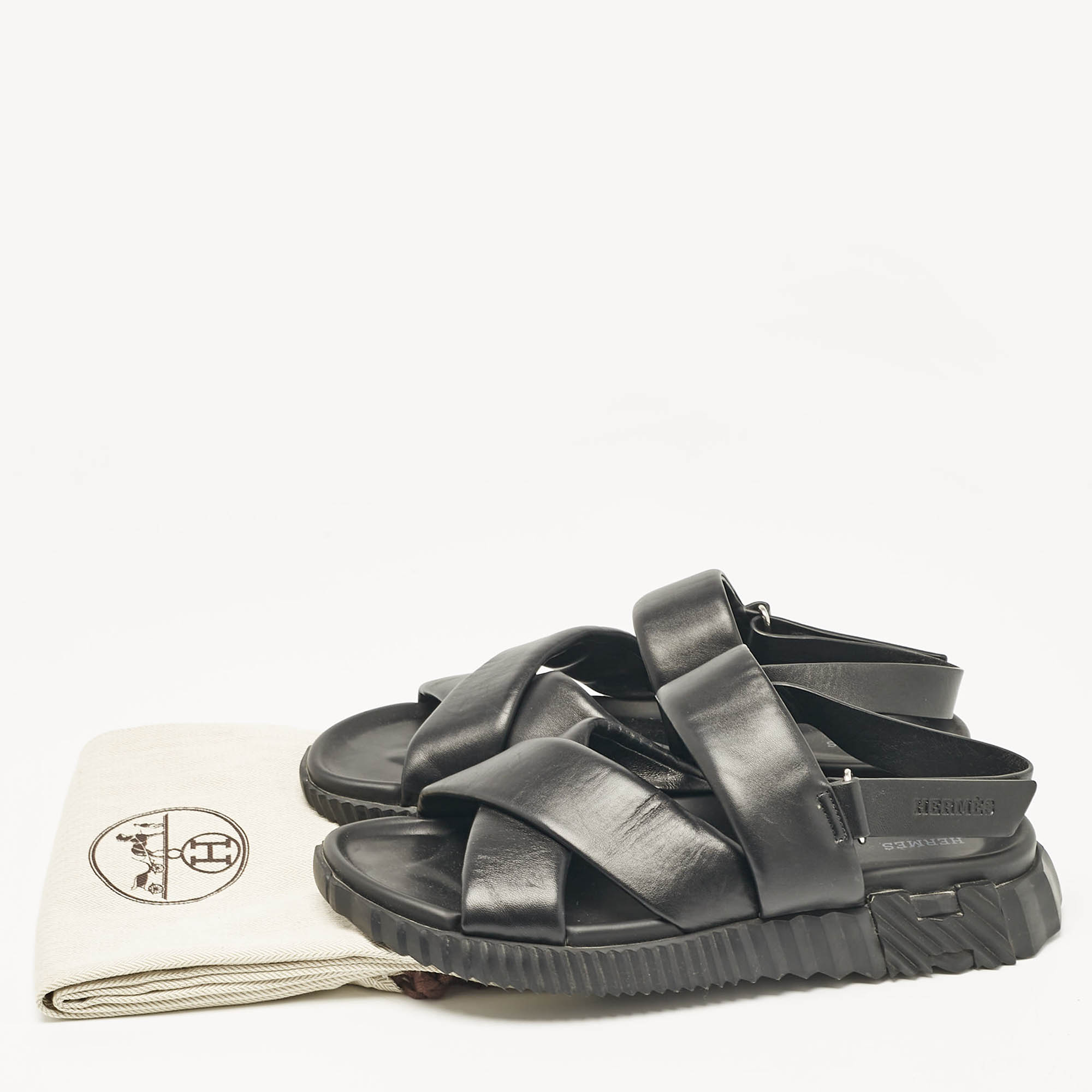 Hermes Black Leather Electric Flat Sandals Size 45