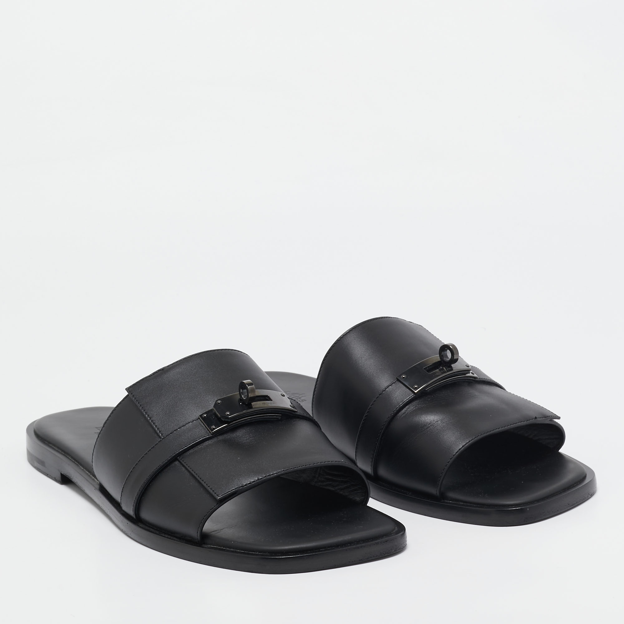 Hermes Black Leather Gabriel Sandals Size 45