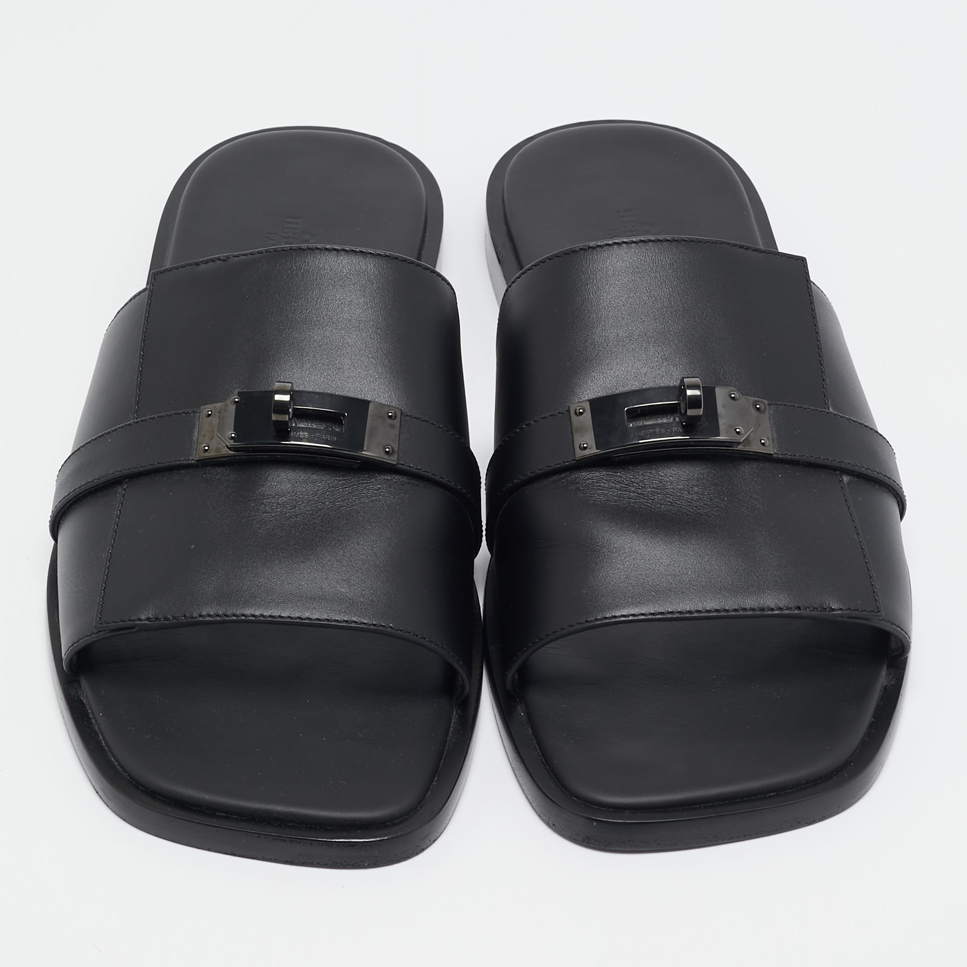 Hermes Black Leather Gabriel Sandals Size 45