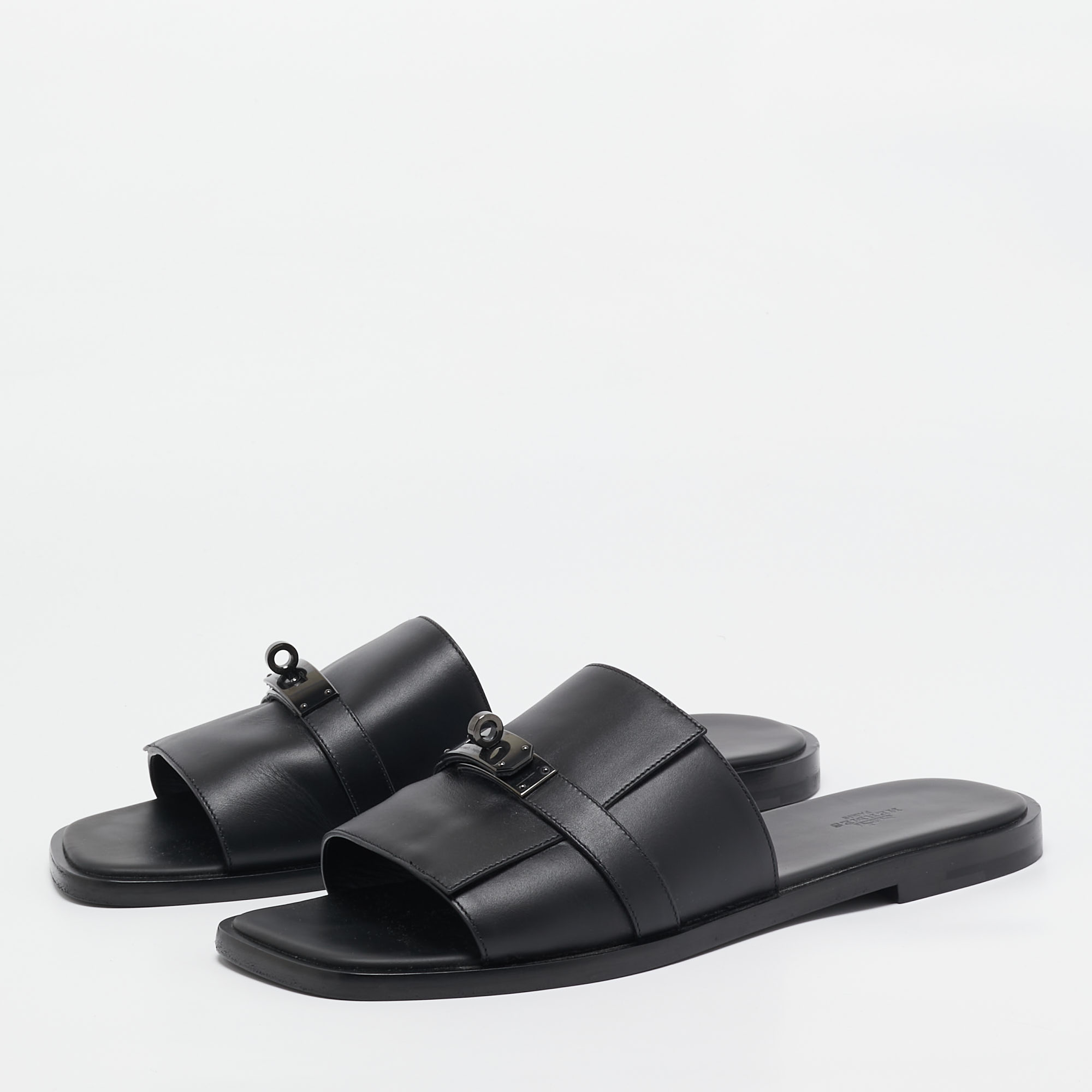 Hermes Black Leather Gabriel Sandals Size 45