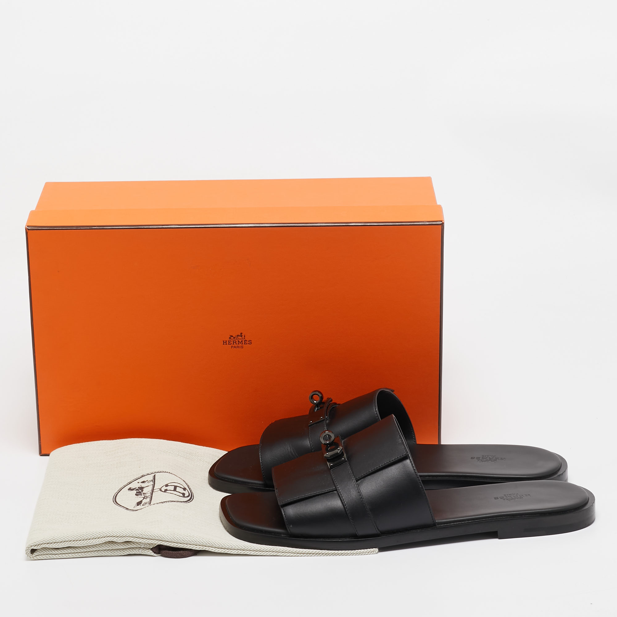 Hermes Black Leather Gabriel Sandals Size 45