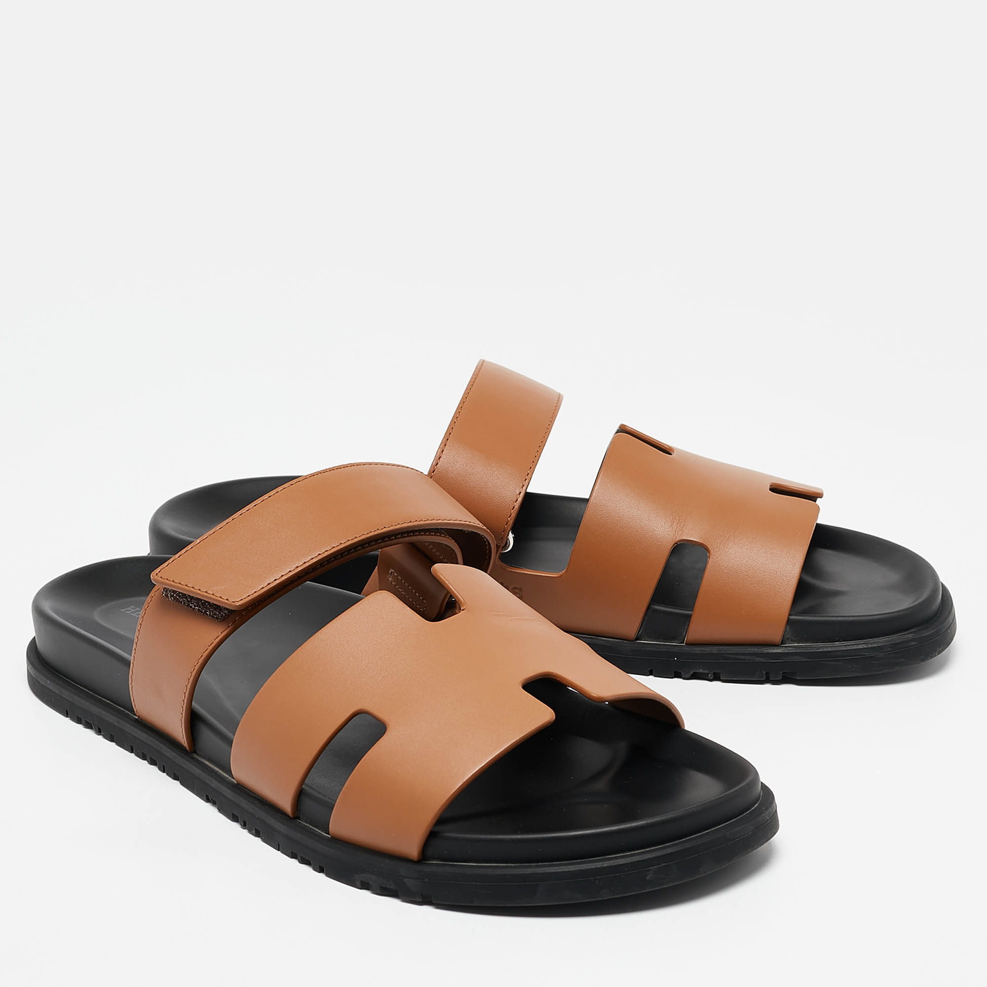 Hermes Brown Leather Chypre Sandals Size 45.5