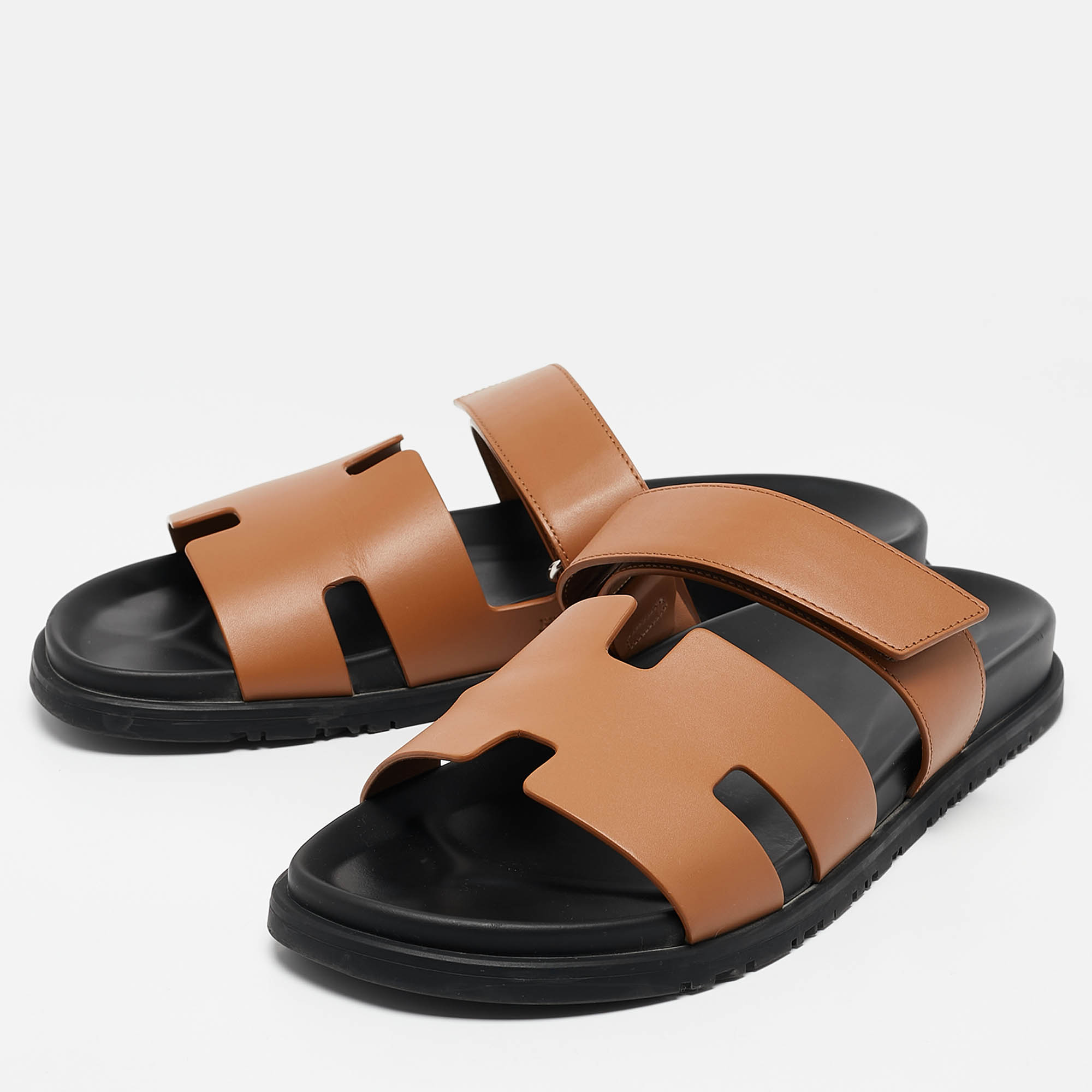 Hermes Brown Leather Chypre Sandals Size 45.5