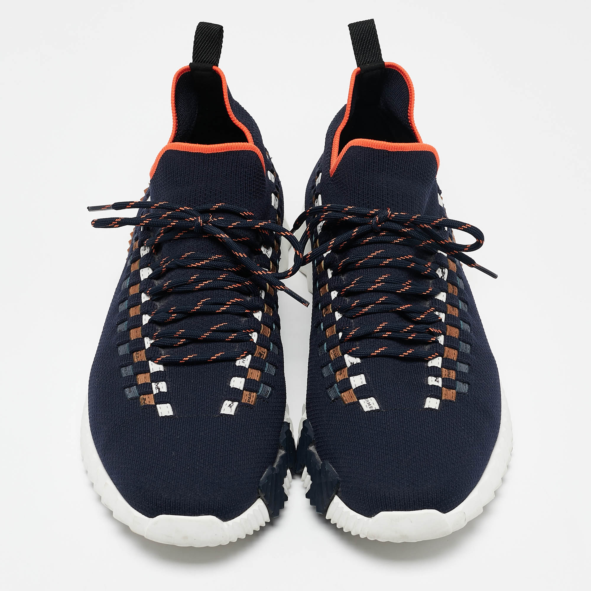 Hermes Navy Blue Knit Fabric Flex Lace Up Sneakers Size 45