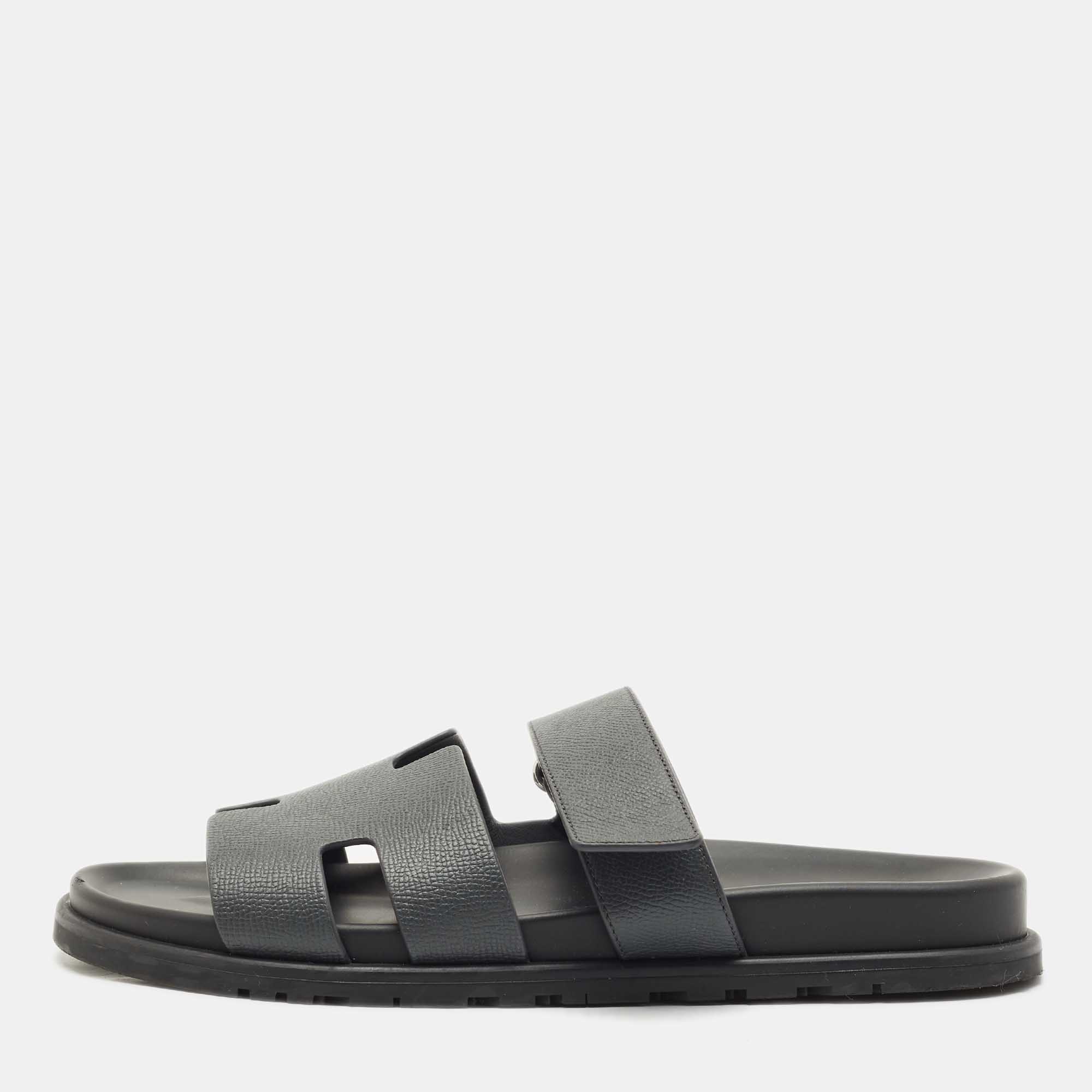 Hermes Grey Leather Chypre Flat Sandals Size 43.5 - Hermes - Modalova