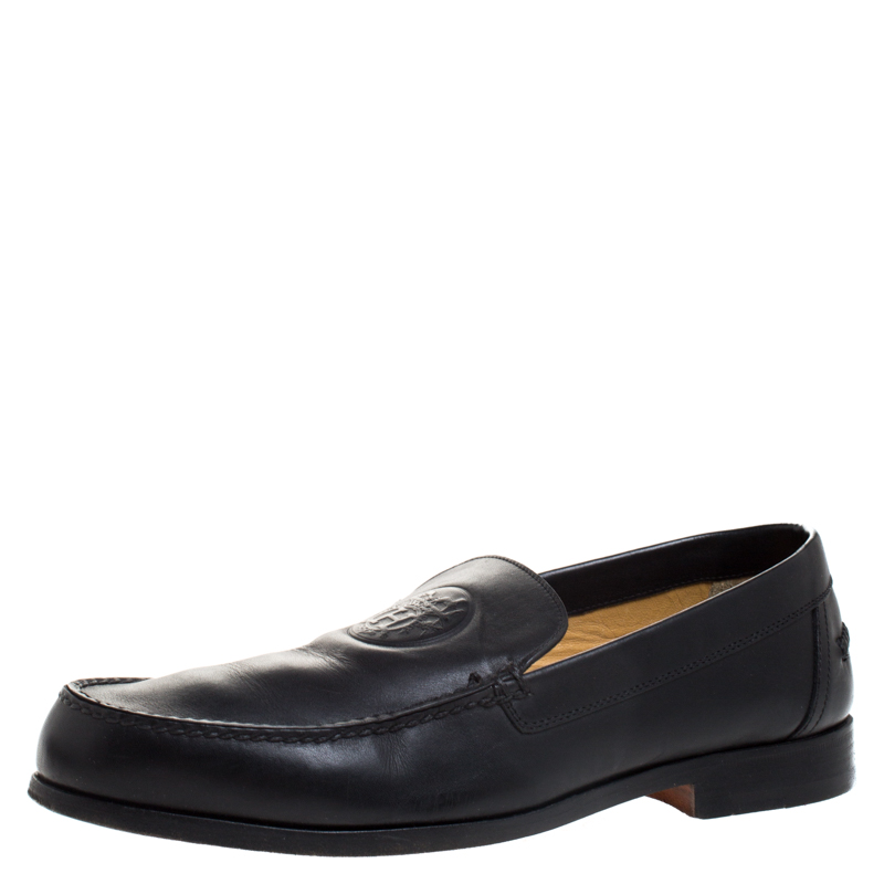 Image of Hermes Black Logo Embossed Leather Slip On Loafers Size