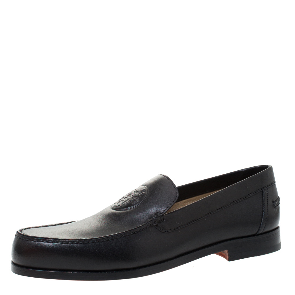 Image of Hermes Black Logo Embossed Leather Slip On Loafers Size .