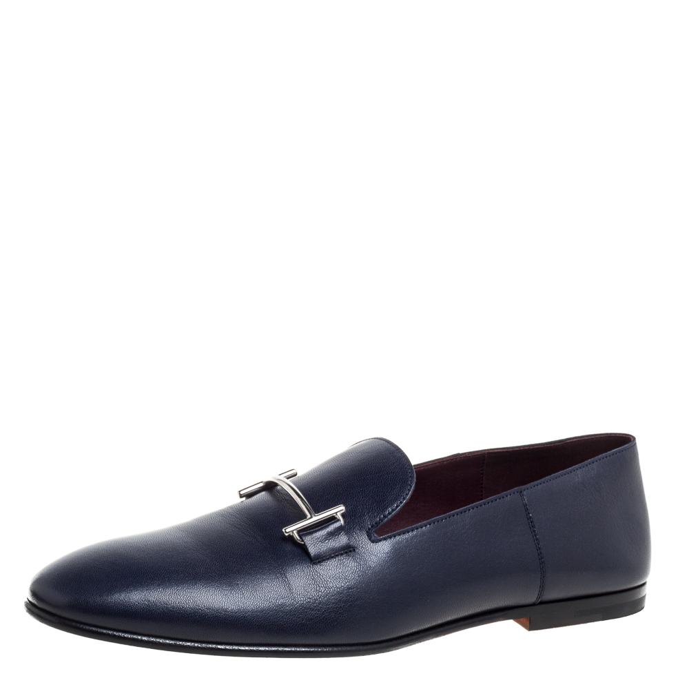Image of Hermes Blue Leather Saga Loafers Size