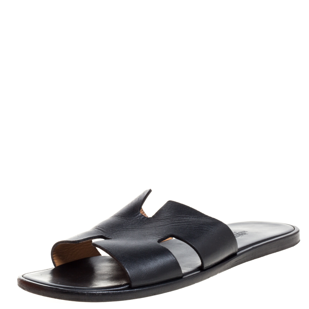 Image of Hermes Black Leather Izmir Slide Sandals Size