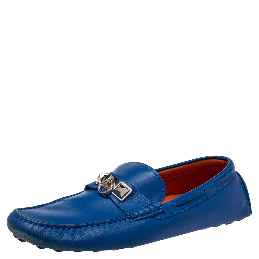 Hermés Blue Leather Slip On Loafers Size 43