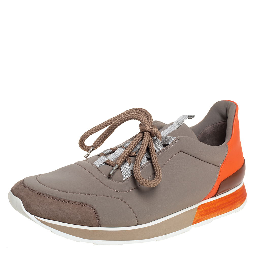 Hermés Grey/Orange Neoprene And Leather Miles Low Top Sneakers Size 44.5