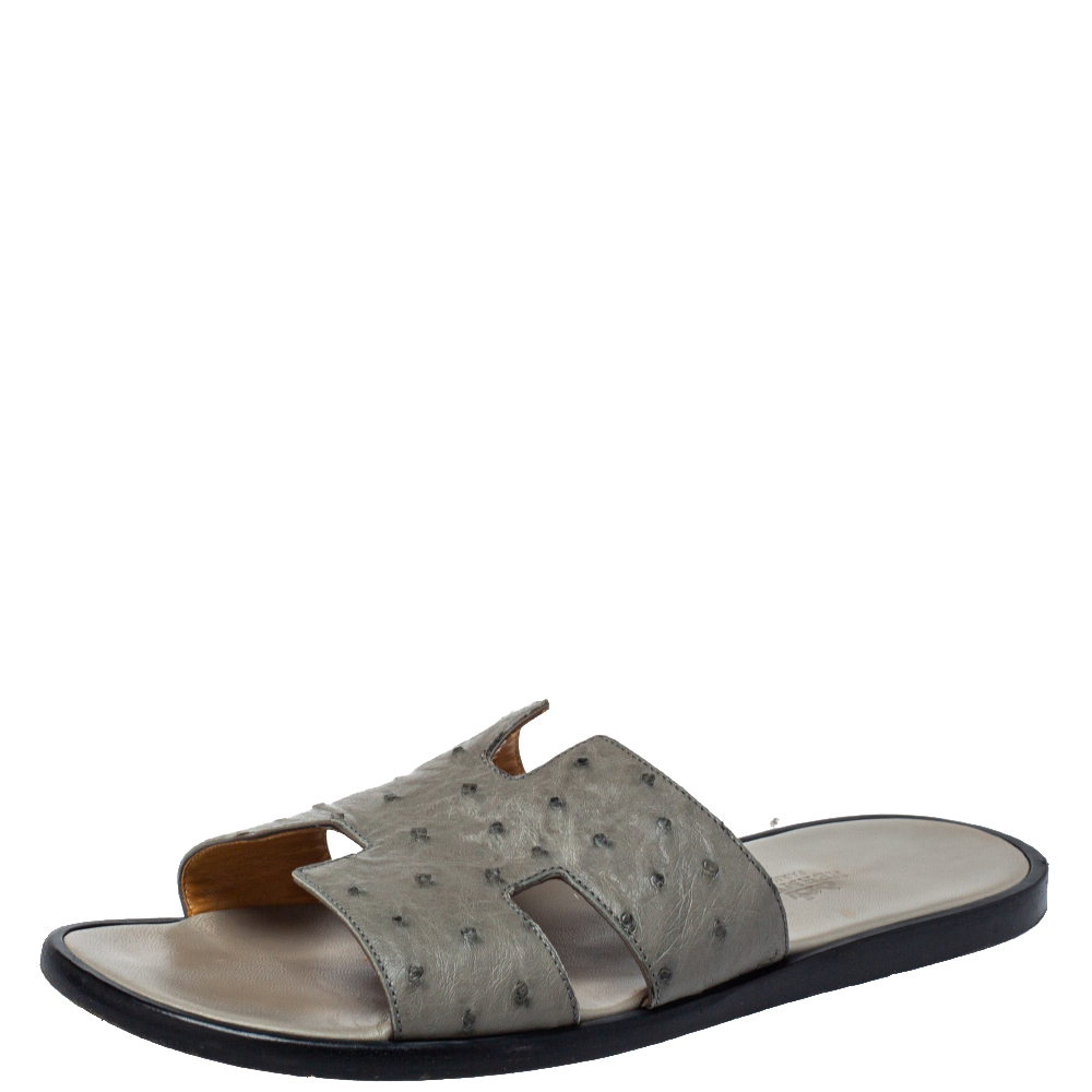 Hermes Grey Ostrich Leather Izmir Sandals Size 42