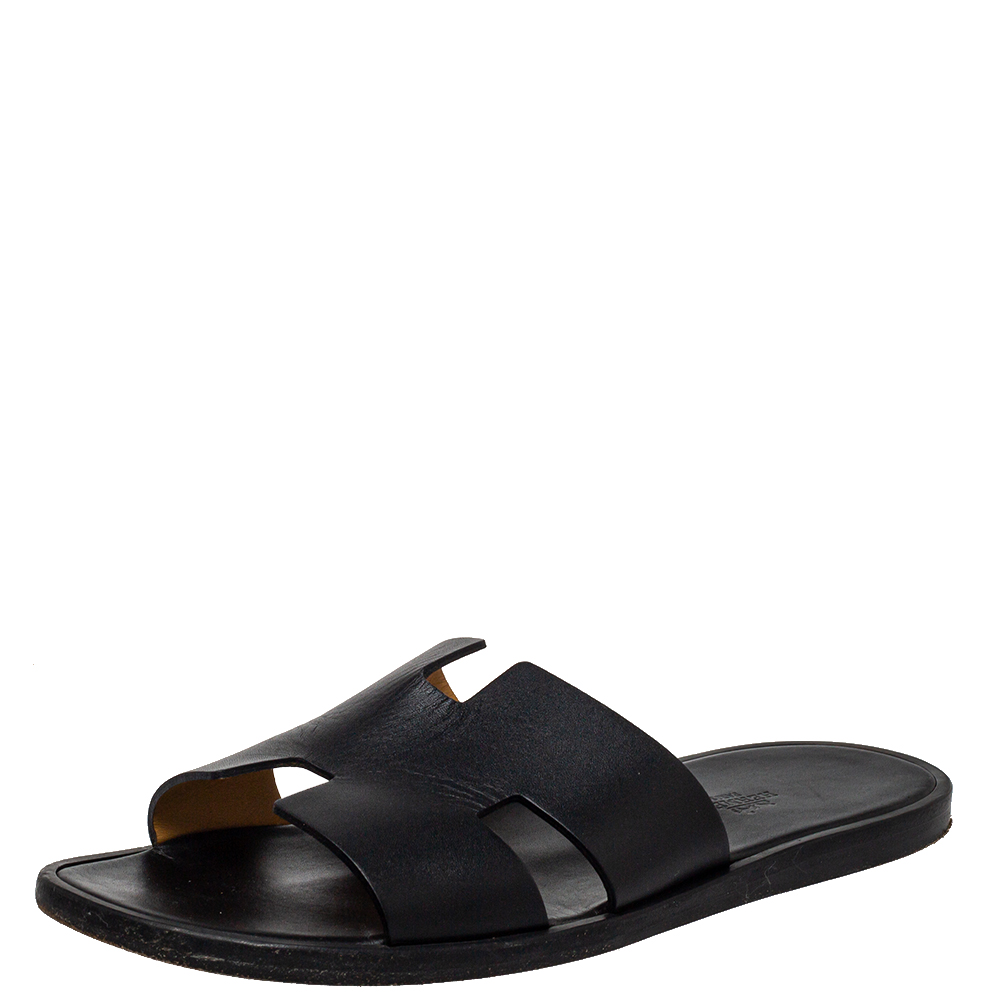 Hermes Black Leather Izmir Slide Sandal Size 42.5