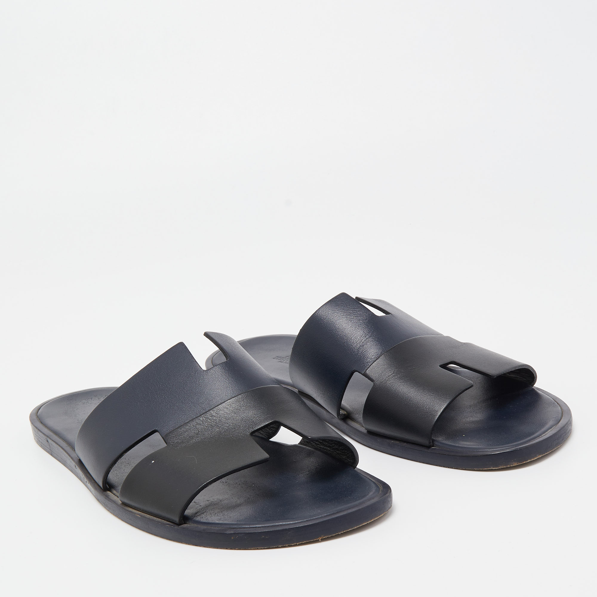 Hermes Navy Blue/Black Leather Izmir Sandals Size 44
