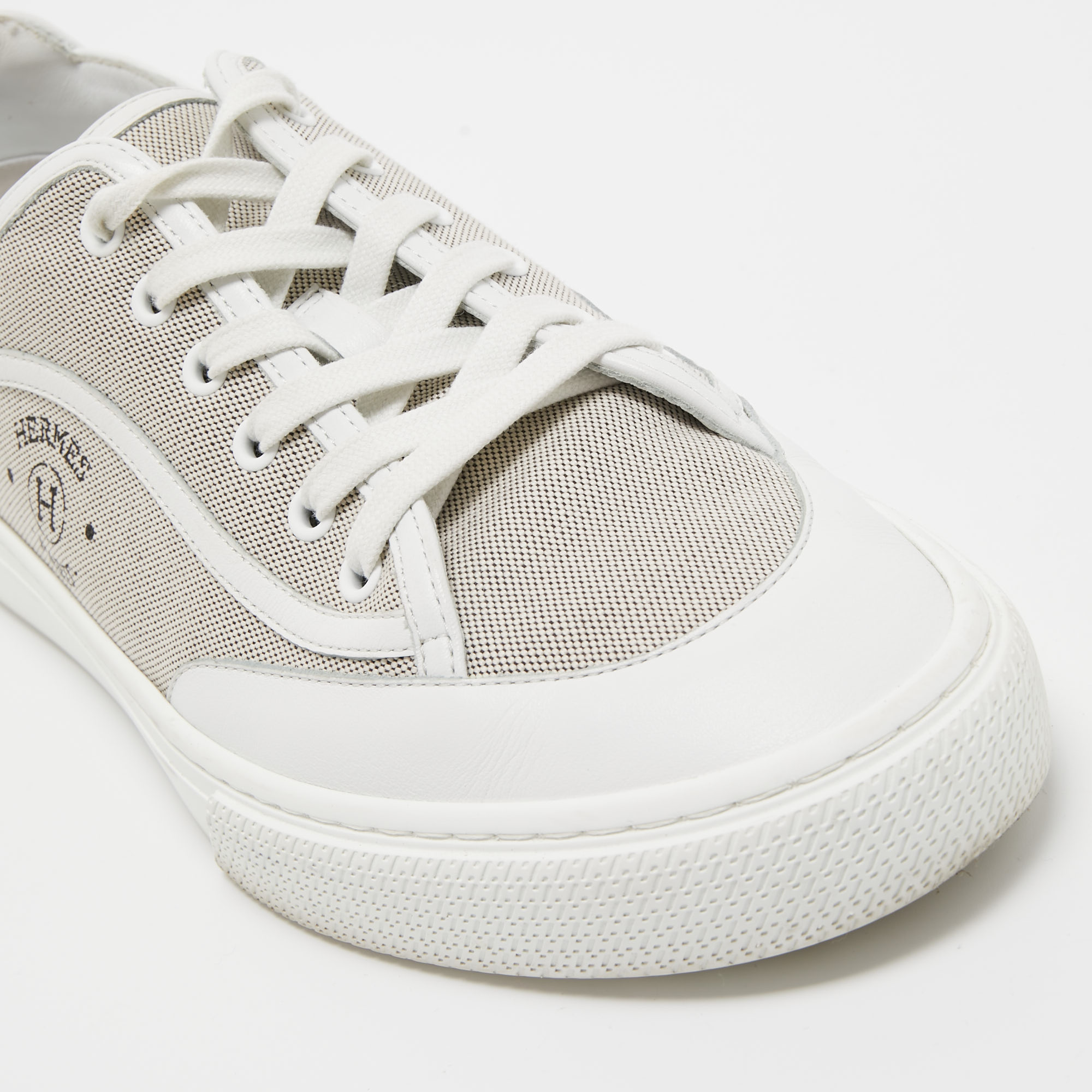 Hermes Grey/White Leather And Canvas Get Low Top Sneakers Size 42