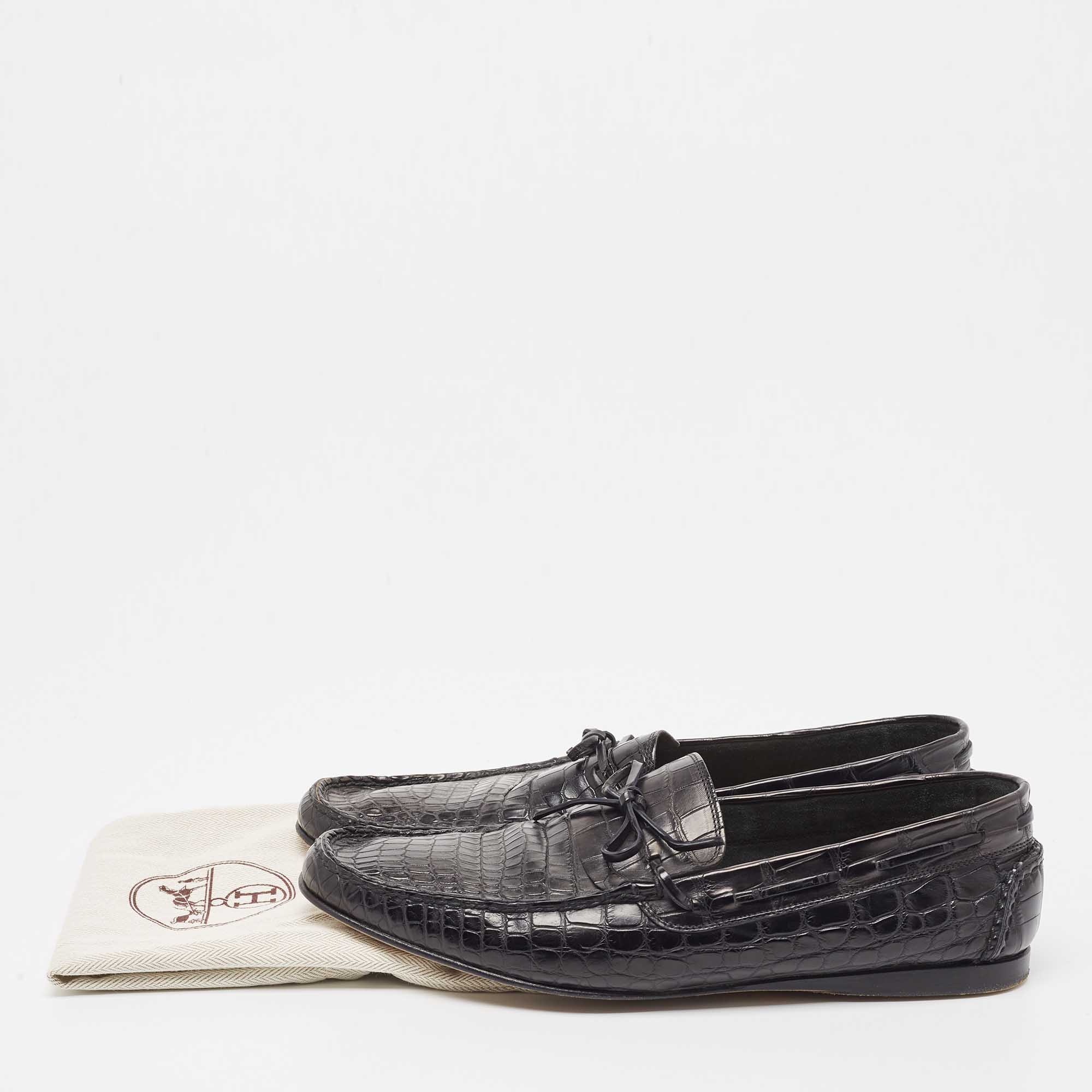Hermes Black Alligator Bow Slip On Loafers Size 43