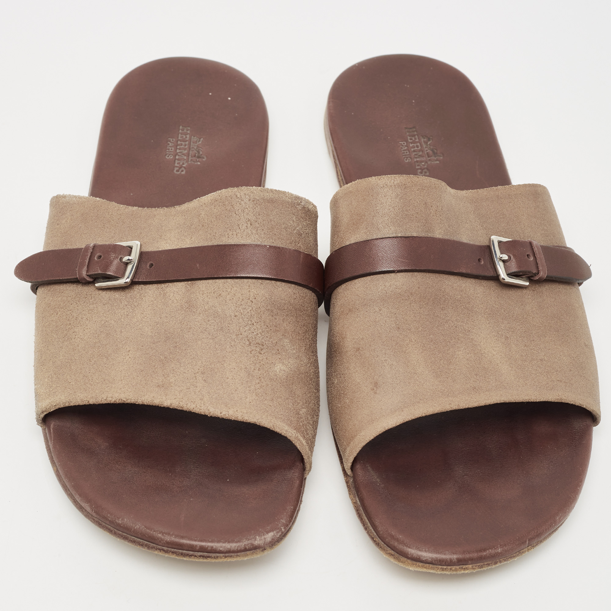 Hermes Brown/Brown Leather And Suede Flat Slides Size 43