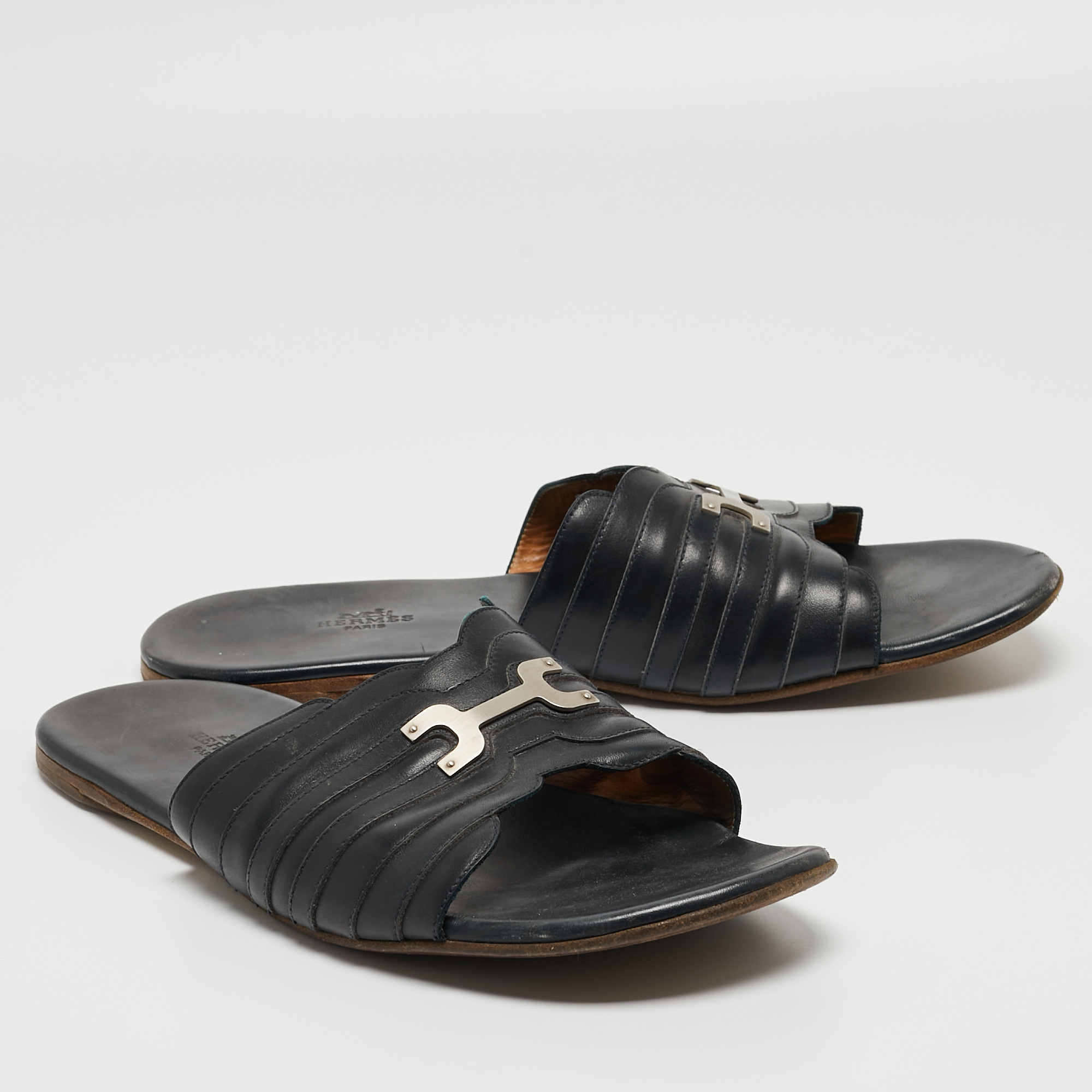 Hermes Black Leather Flat Slides Size 43.5