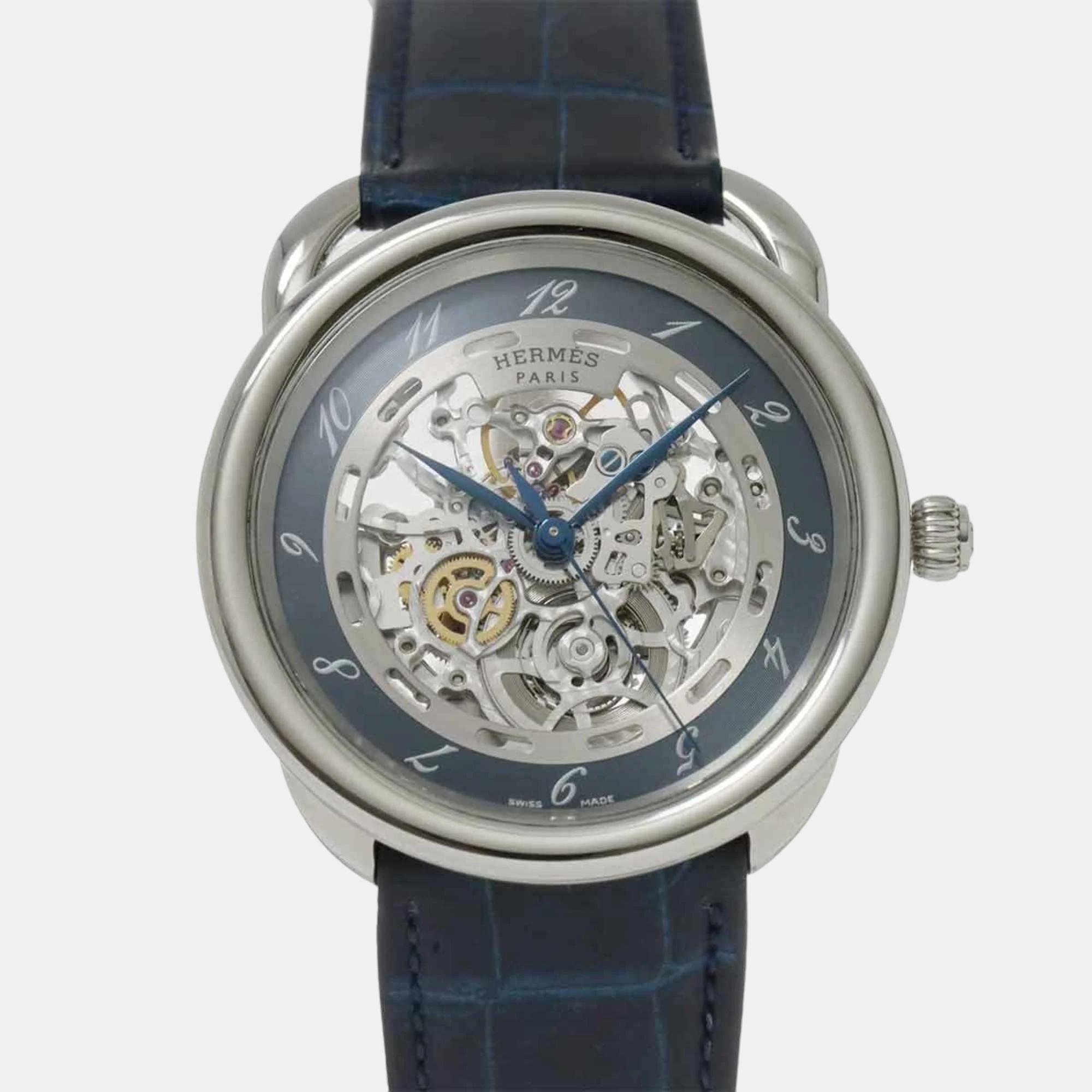 Hermes silver stainless steel arceau  ar6 710 automatic men's wristwatch 42.5 mm