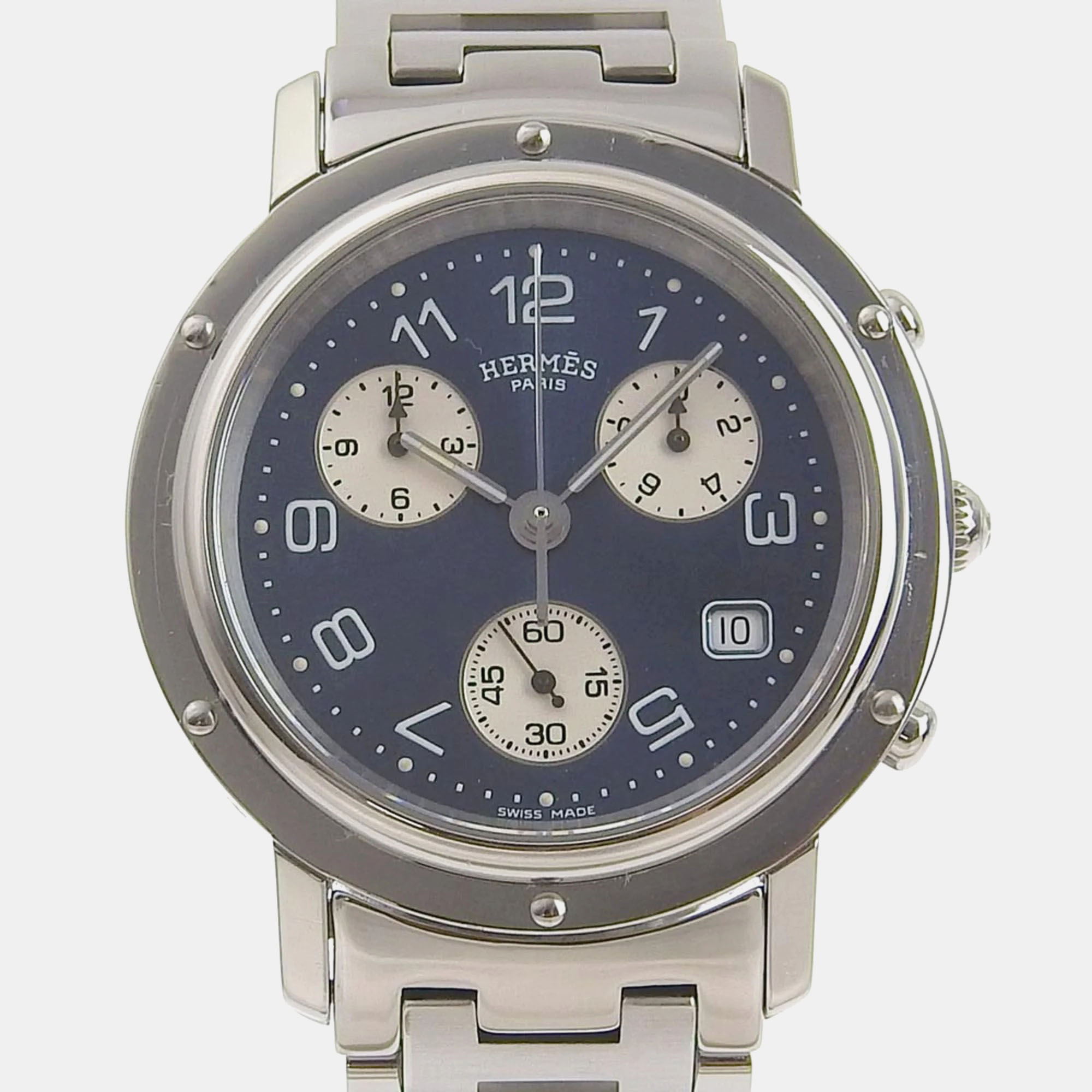 Hermes silver stainless steel clipper cl1.910 quartz men's wristwatch 38 mm