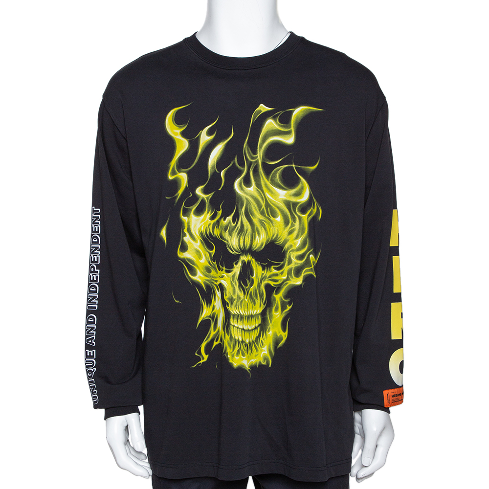 Image of Heron Preston Black Cotton Graphic Skull Print Long Sleeve T Shirt M