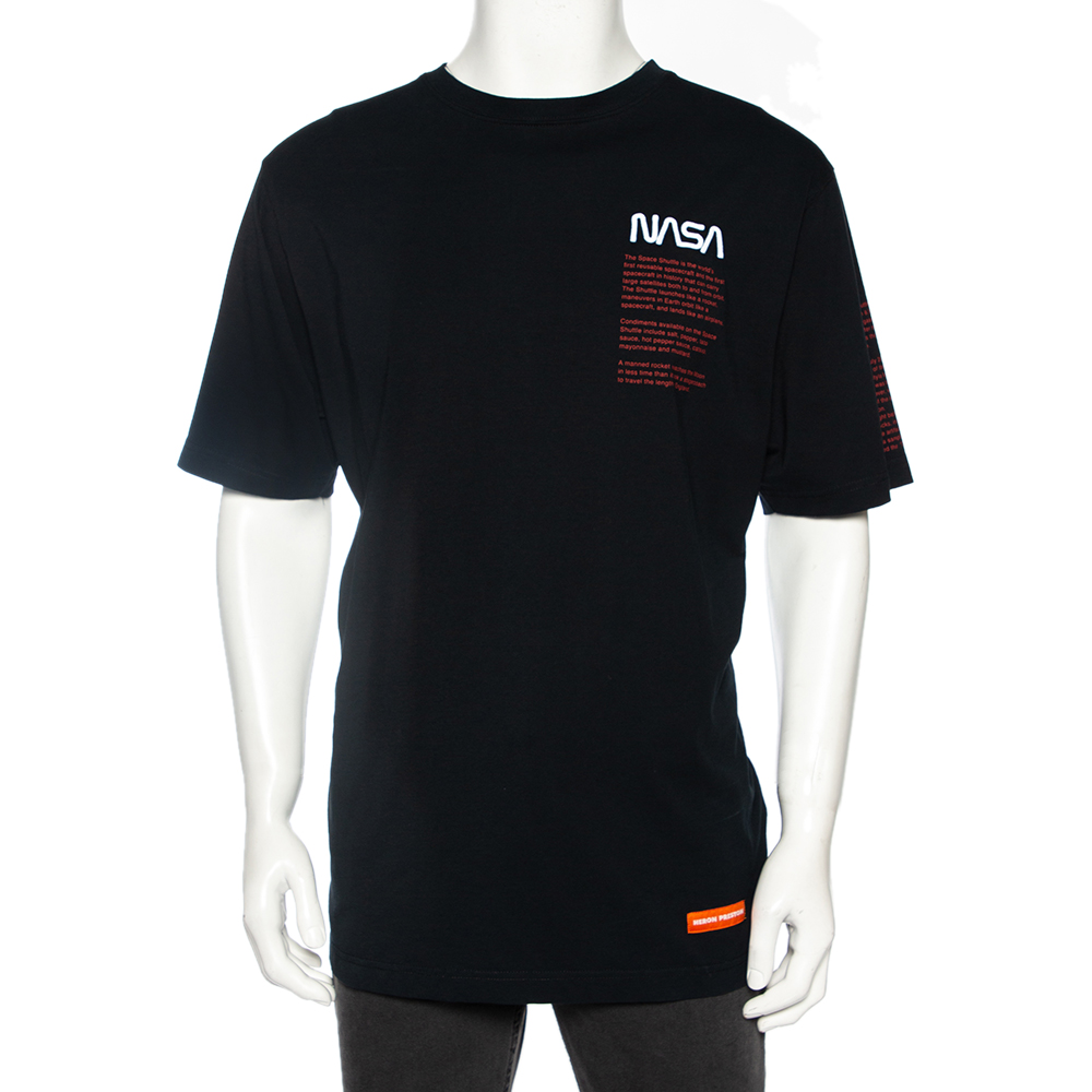 Heron preston black cotton nasa facts logo print short sleeve t-shirt s