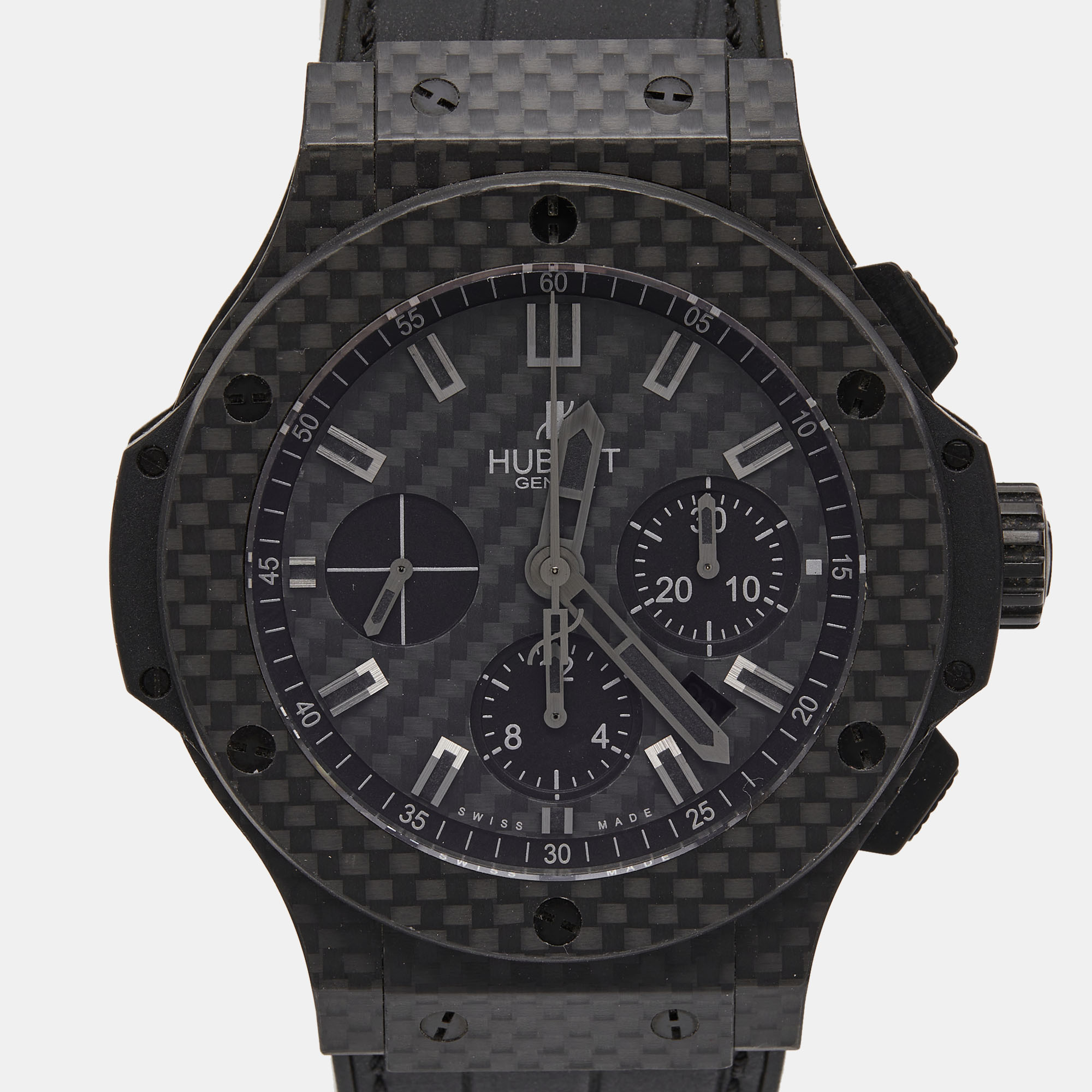 Hublot Black Carbon Fiber Rubber Alligator Leather Big Bang 301.QX.1740.GR Men's Wristwatch 44 Mm