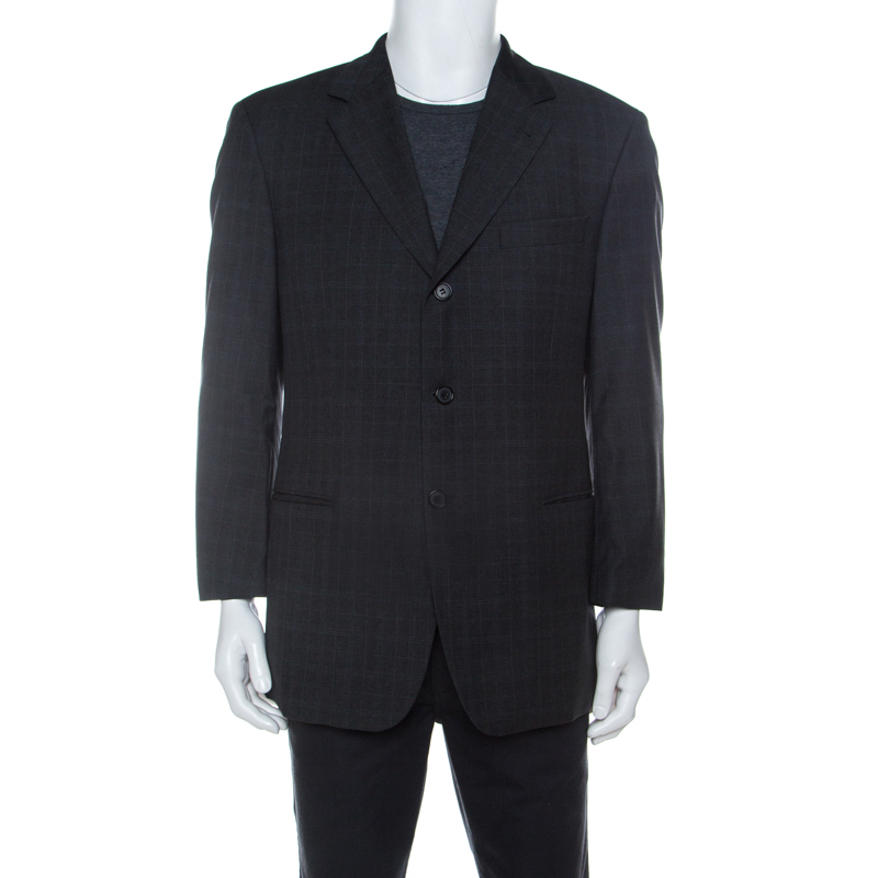 Image of Hugo Boss Grey Checked Wool Single Breasted Blazer L