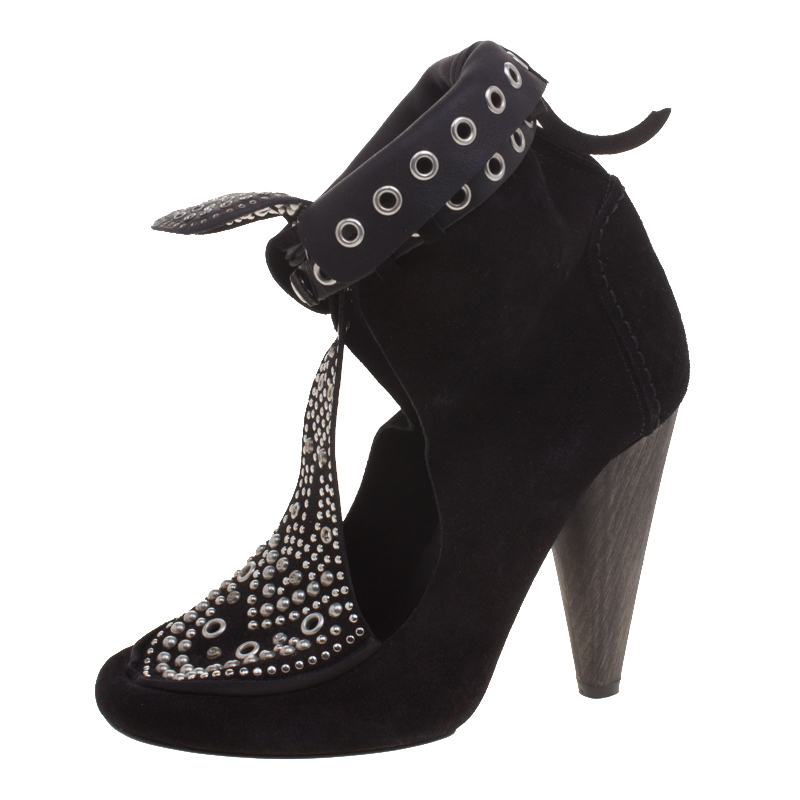 Isabel marant black suede mossa studded cutout ankle boots size 39