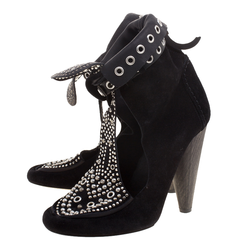 Isabel Marant Black Suede Mossa Studded Cutout Ankle Boots Size 39
