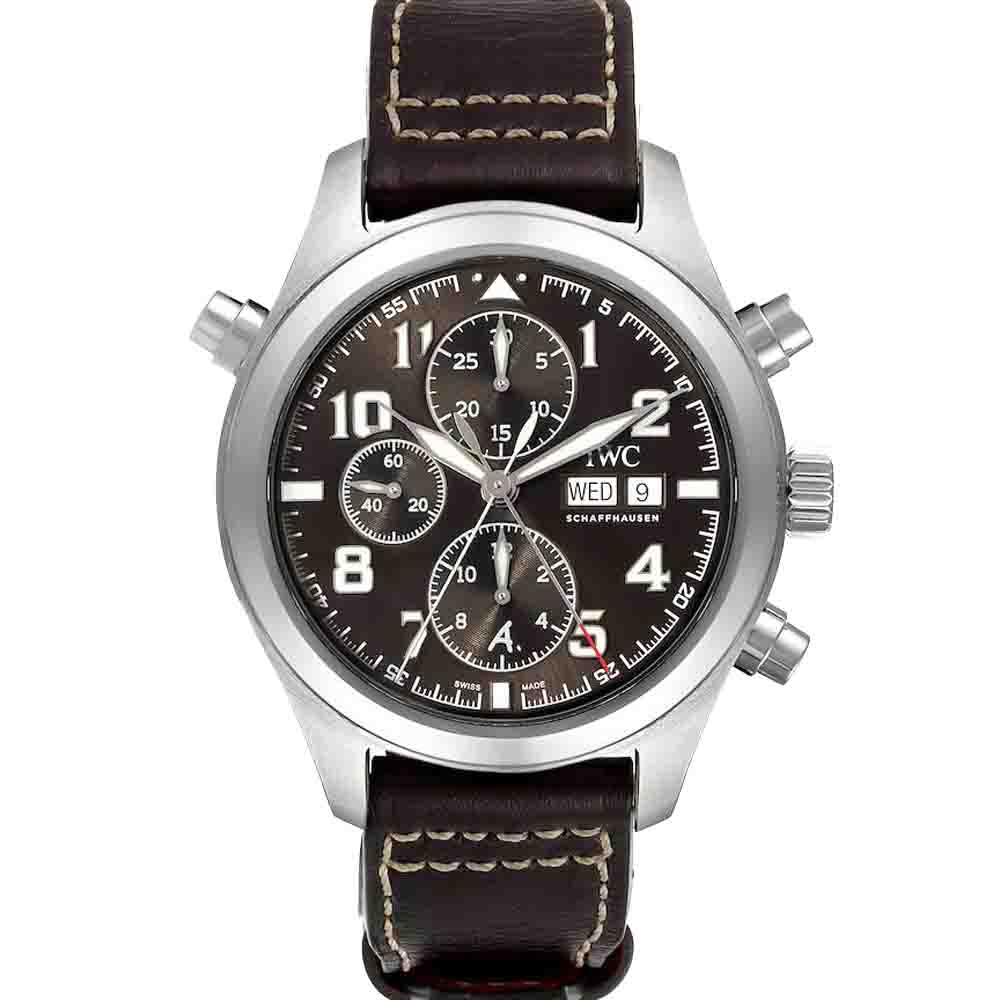 IWC Brown Stainless Steel Spitfire Pilot Saint Exupery Rattrapante IW371808 Men's Wristwatch 44 MM