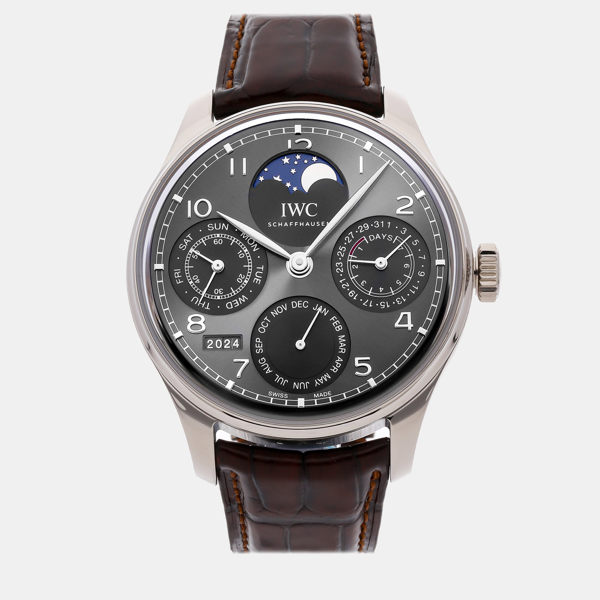 Iwc grey 18k white gold portugieser iw5033-01 automatic men's wristwatch 44 mm