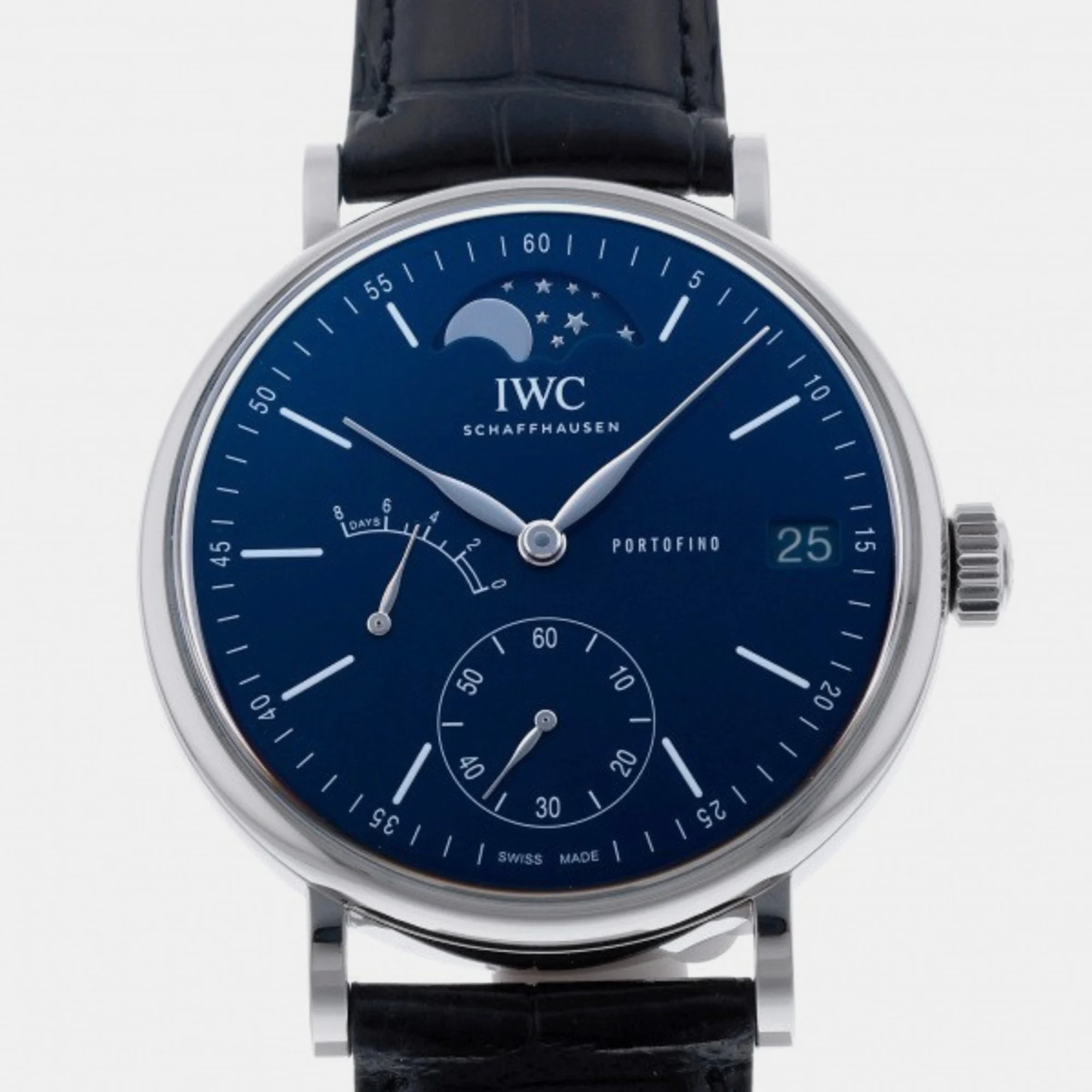 Iwc blue stainless steel portofino hand-wound moon phase 150 years iw516405 men's wristwatch 45mm