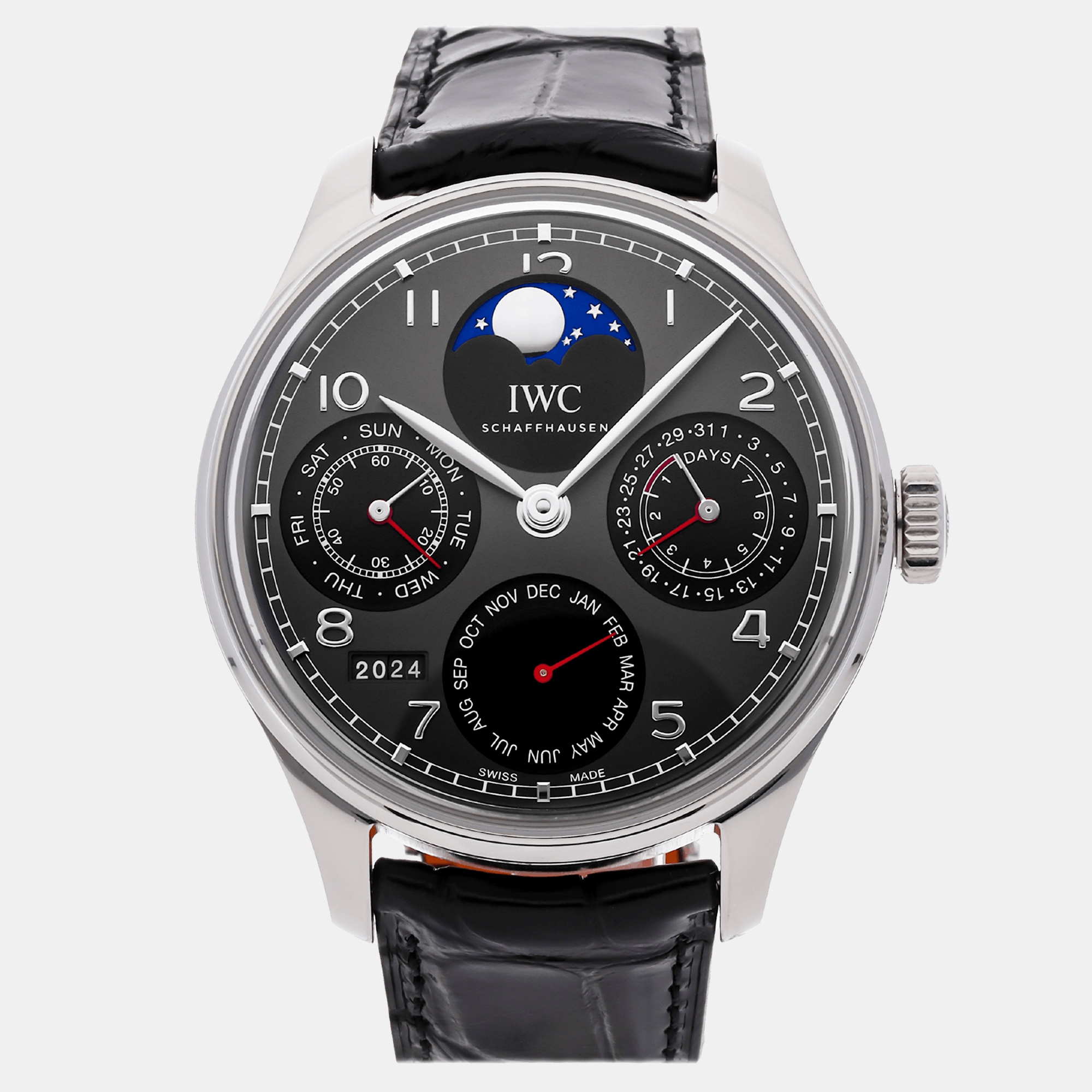 Iwc grey stainless steel portugieser  automatic men's wristwatch 44 mm