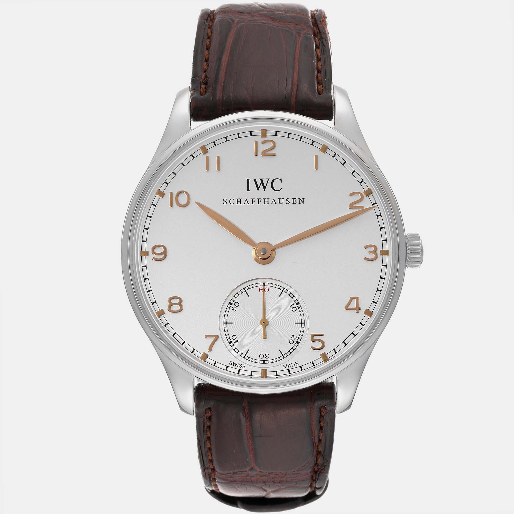 Iwc silver stainless steel portuguese manual winding men's wristwatch 44 mm